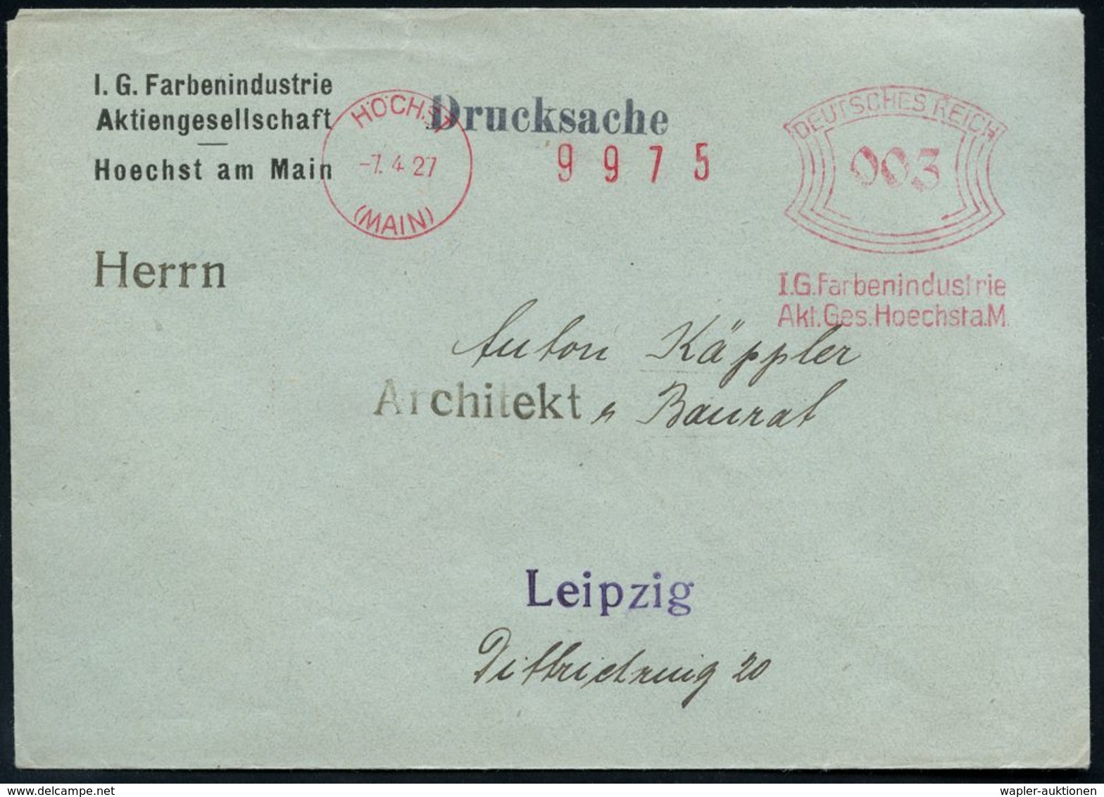 I.-G.-FARBEN INDUSTRIE, TOCHTERFIRMEN & NACHFOLGER : HÖCHST/ (MAIN)/ I.G.Farbenindustrie/ Akt.Ges. 1927 (7.4.) AFS Mit G - Chimica