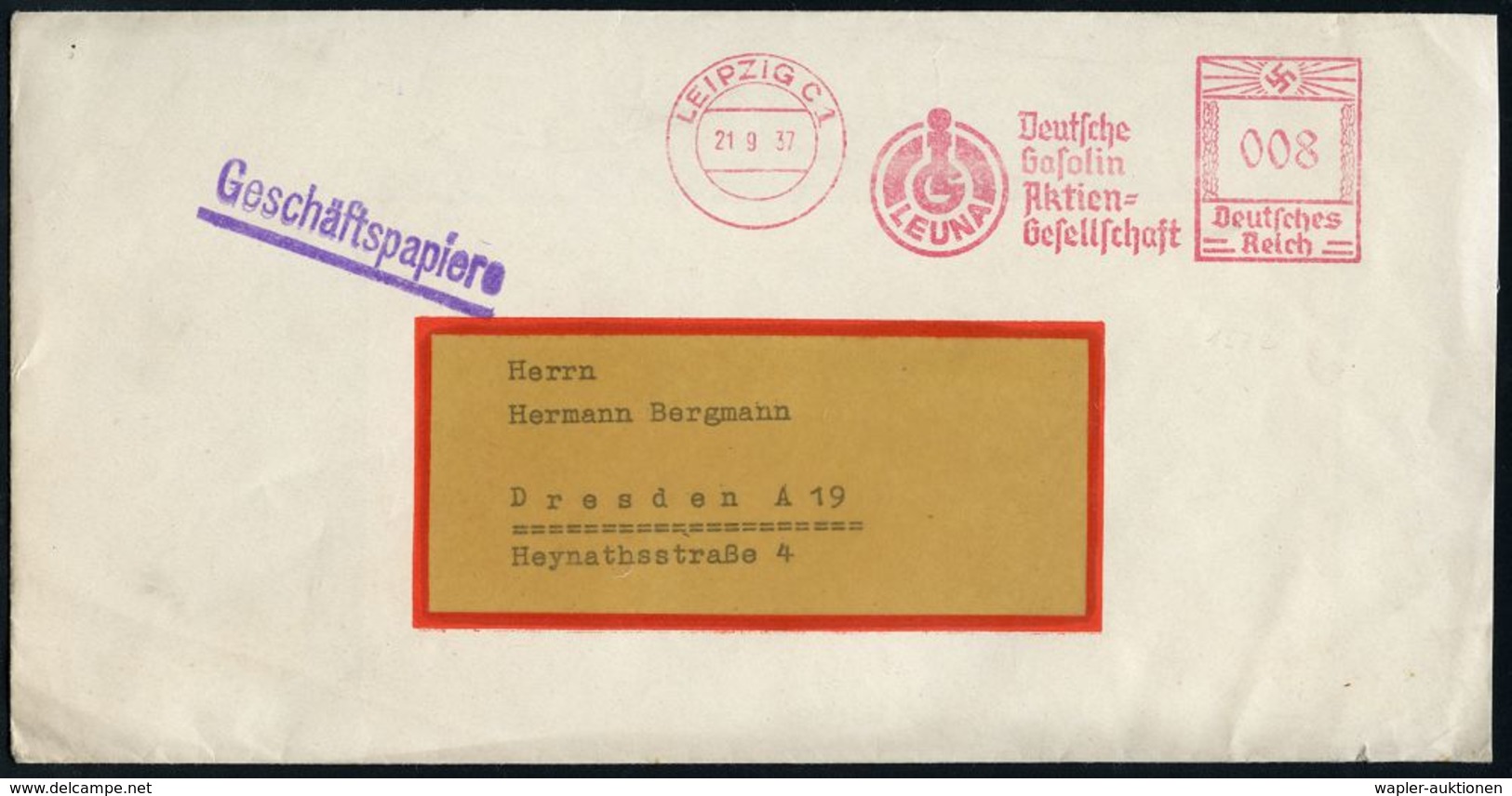 I.-G.-FARBEN INDUSTRIE, TOCHTERFIRMEN & NACHFOLGER : LEIPZIG C1/ IG/ LEUNA/ Deutsche/ Gasolin/ AG 1937 (21.9.) AFS (Leun - Chemie