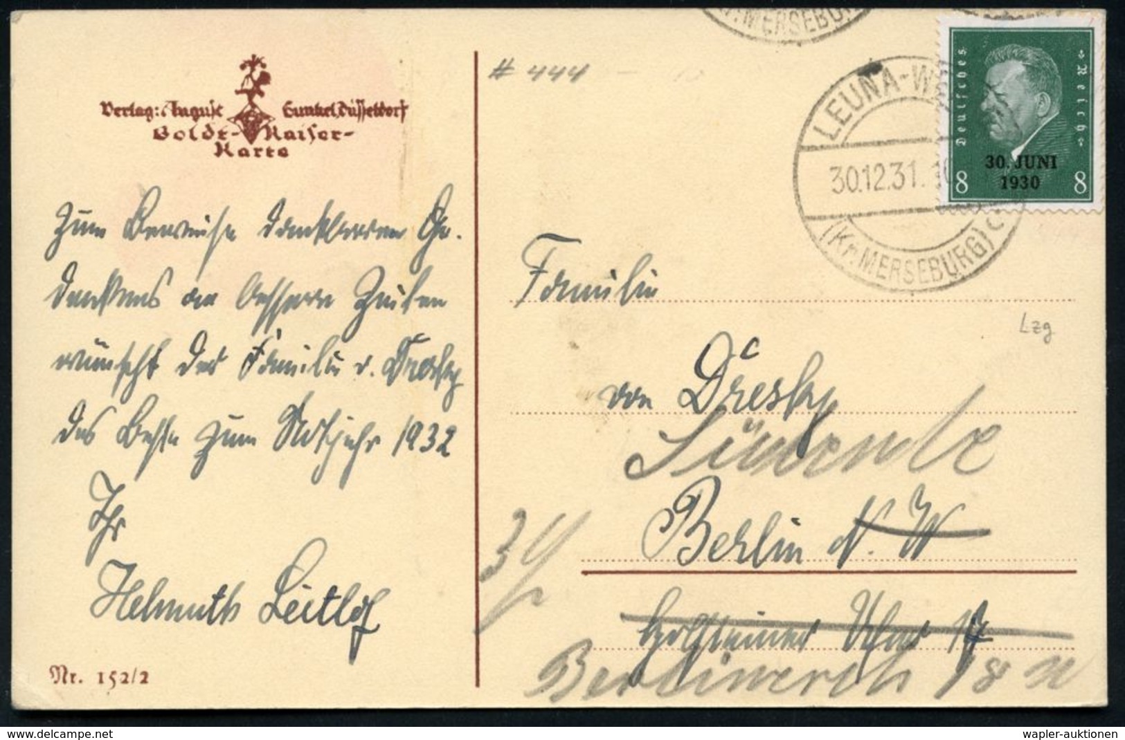 I.-G.-FARBEN INDUSTRIE, TOCHTERFIRMEN & NACHFOLGER : LEUNA-WERKE/ (Kr.MERSEBURG)/ C 1931 (30.12.) 1K-Brücke = Hauspostam - Chimie