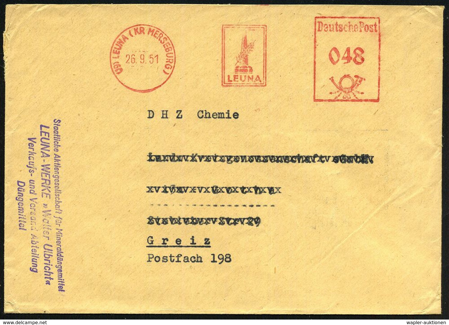 I.-G.-FARBEN INDUSTRIE, TOCHTERFIRMEN & NACHFOLGER : (19) LEUNA (KR MERSEBURG)/ LEUNA 1951 (26.9.) AFS 048 Pf. + Viol. A - Chimie