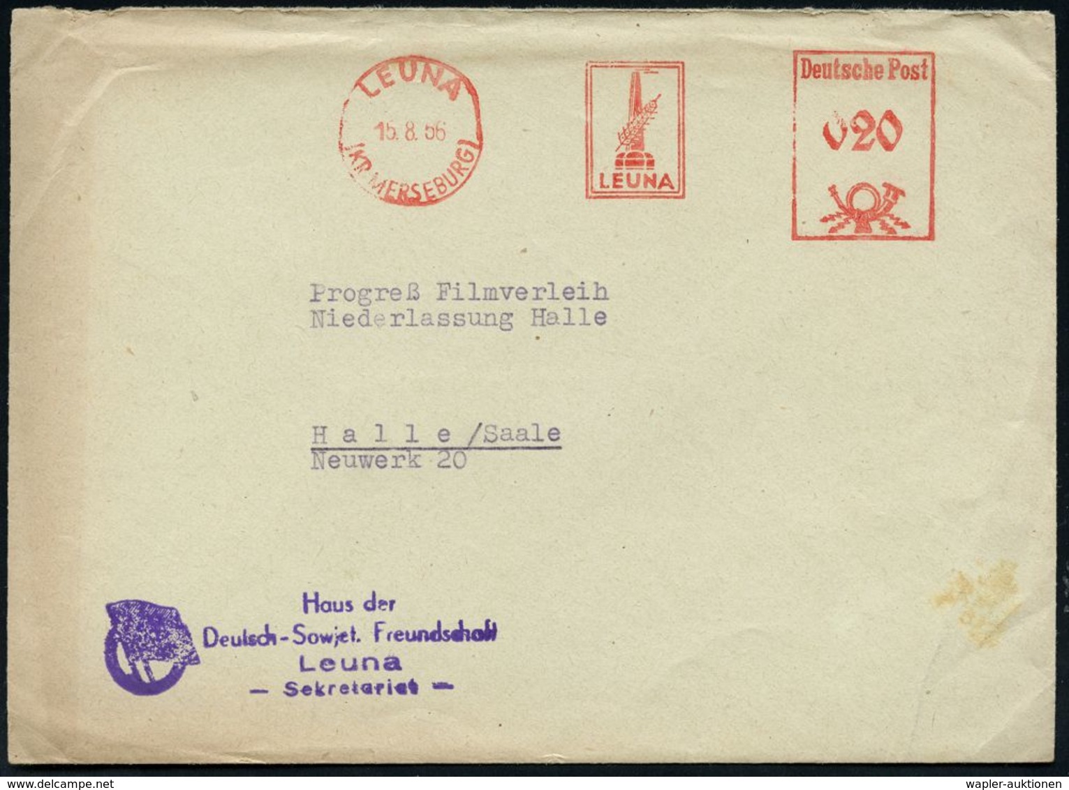 I.-G.-FARBEN INDUSTRIE, TOCHTERFIRMEN & NACHFOLGER : LEUNA/ (KR.MERSEBURG)/ LEUNA 1956 (15.8.) AFS (Leuna-Logo) + Viol.  - Chimie