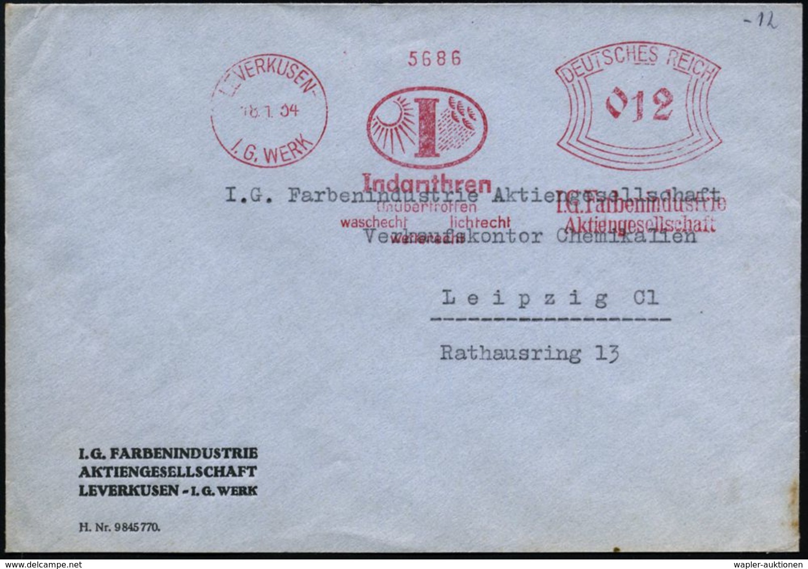 I.-G.-FARBEN INDUSTRIE, TOCHTERFIRMEN & NACHFOLGER : LEVERKUSEN/ I.G.WERK/ Indanthren..wetterecht/ IG.Farbenindustrie..  - Chimica