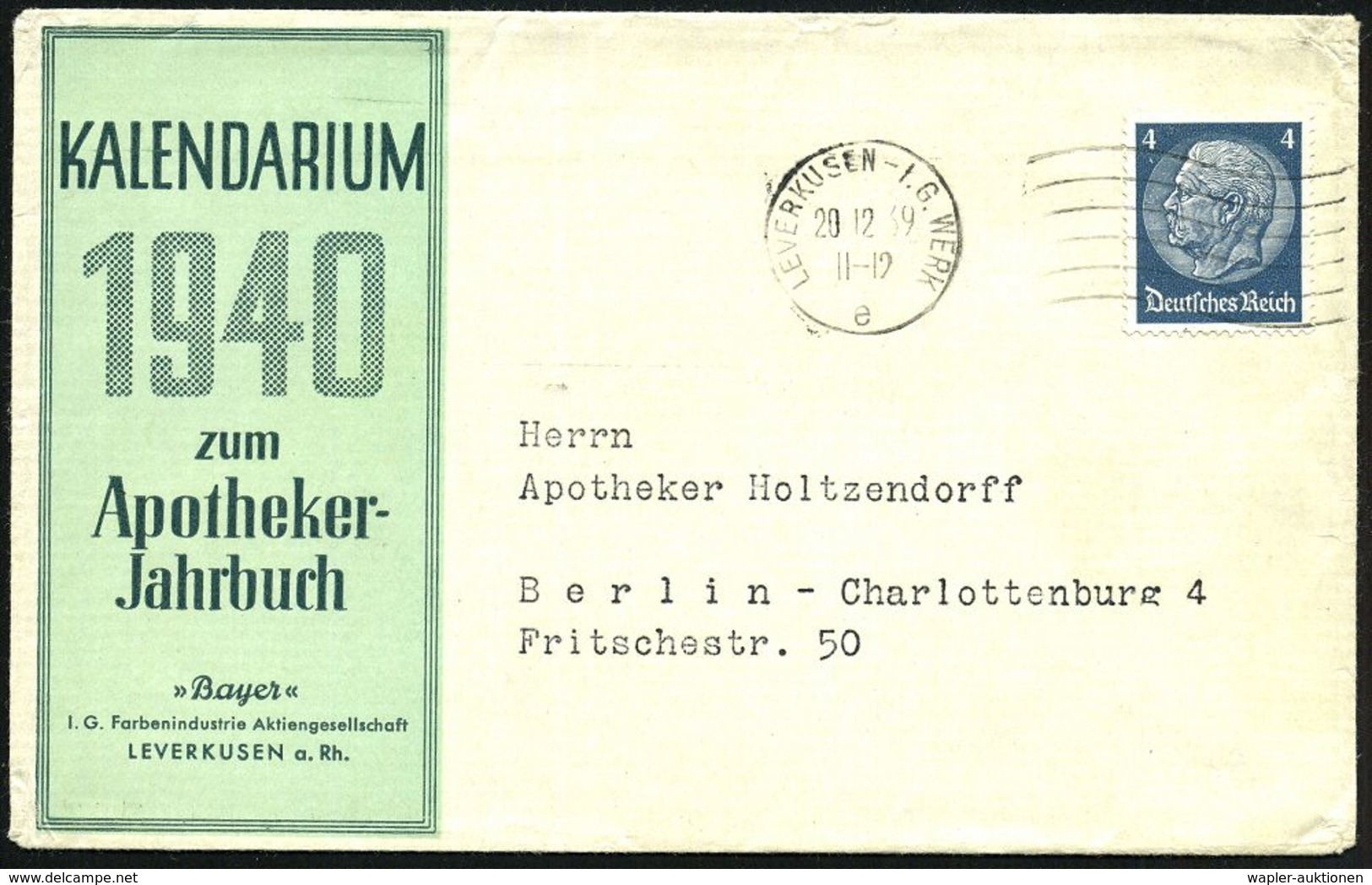 I.-G.-FARBEN INDUSTRIE, TOCHTERFIRMEN & NACHFOLGER : LEVERKUSEN-I.G. WERK/ E 1939 (20.12.) Seltener MaWellenstempel = Ha - Chimie