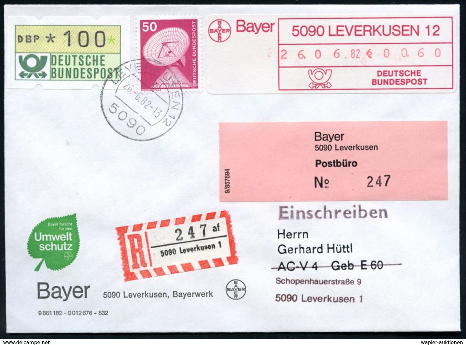 I.-G.-FARBEN INDUSTRIE, TOCHTERFIRMEN & NACHFOLGER : 5090 LEVERKUSEN 12/ O 1982 (26.6.) 1K Auf 150 Pf.-Frankatur + Gebüh - Chimica