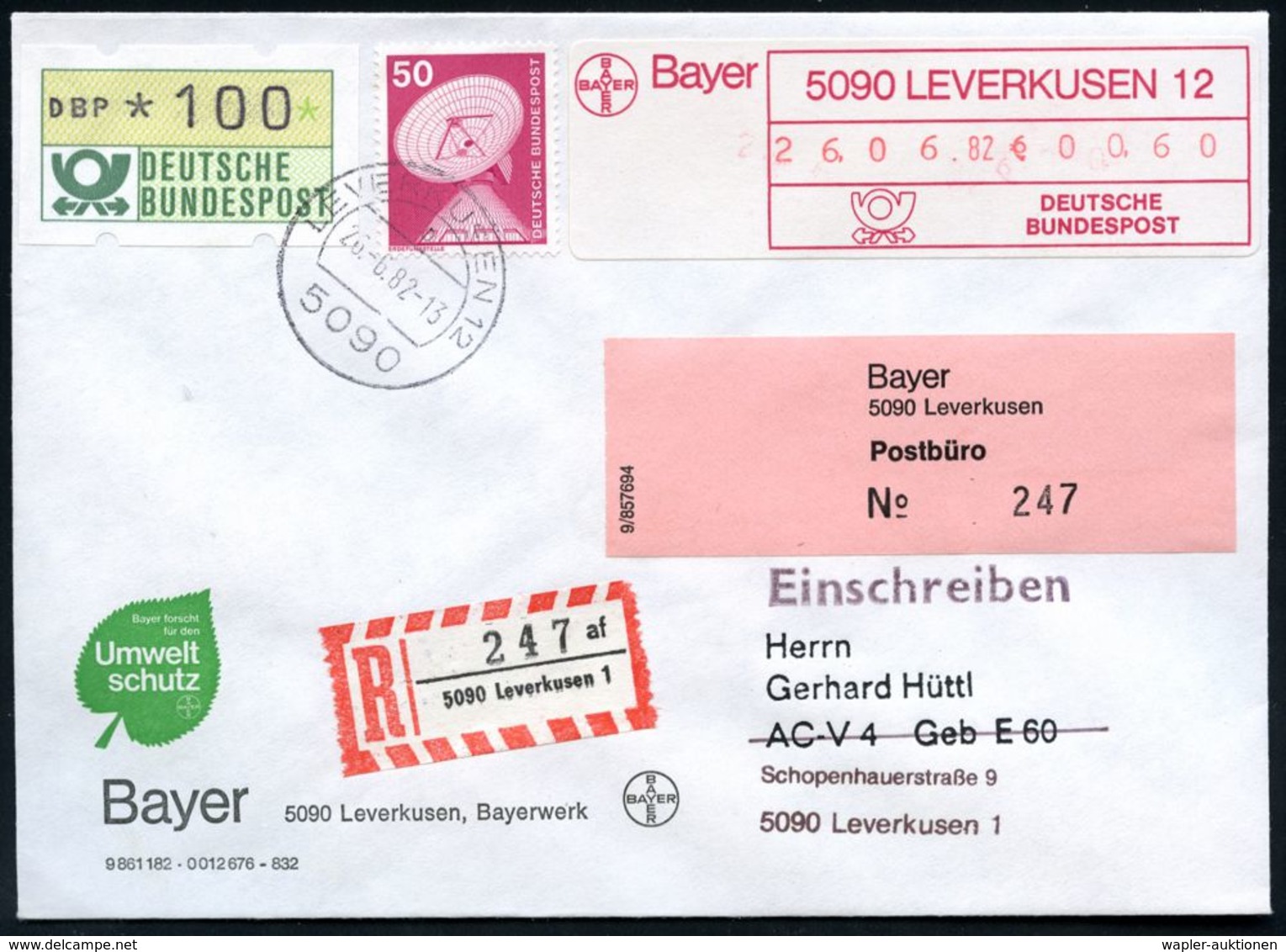 I.-G.-FARBEN INDUSTRIE, TOCHTERFIRMEN & NACHFOLGER : 5090 LEVERKUSEN 12/ O 1982 (26.6.) 1K Auf 150 Pf.-Frankatur + Gebüh - Chimie