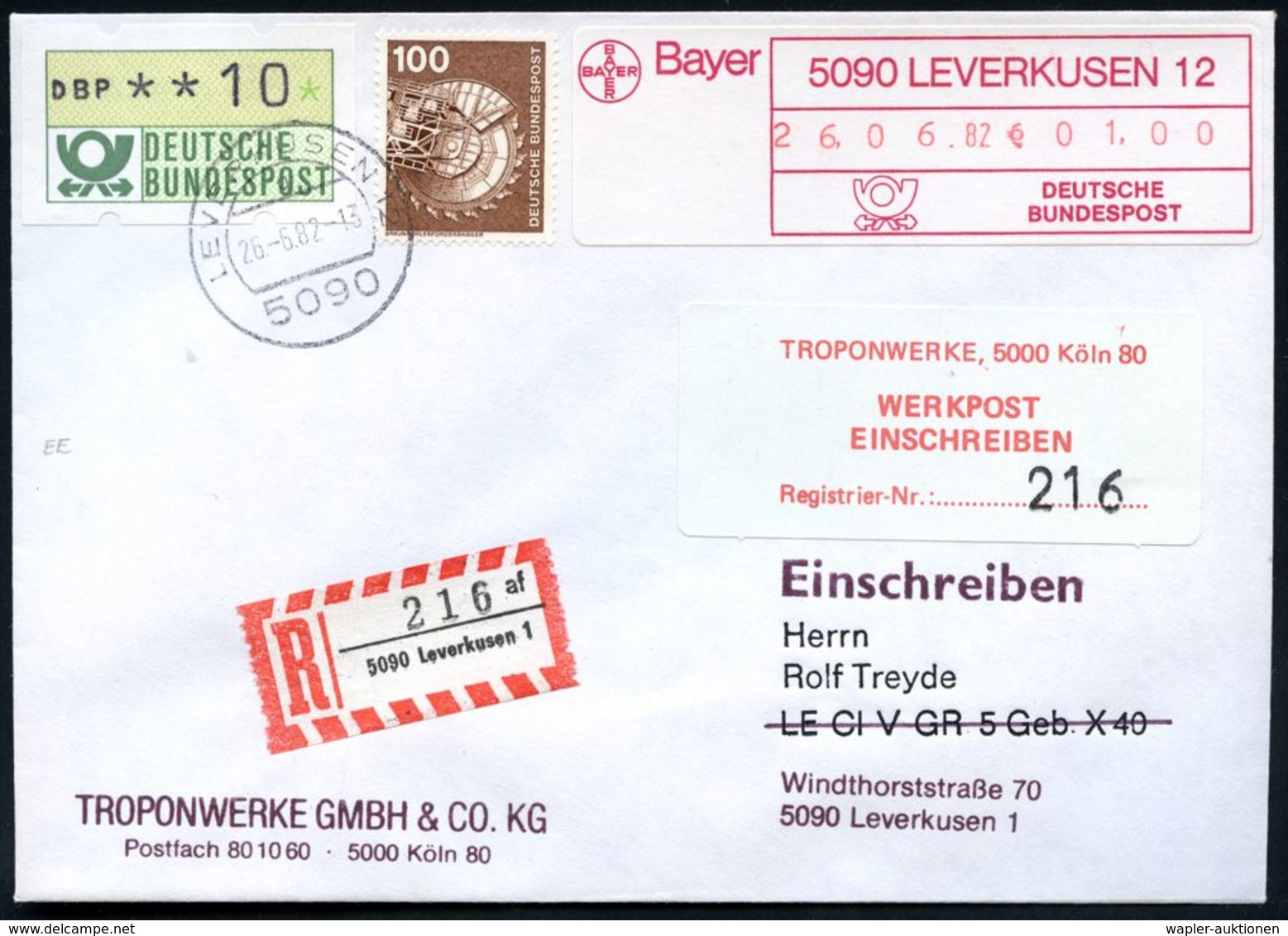 I.-G.-FARBEN INDUSTRIE, TOCHTERFIRMEN & NACHFOLGER : 5090 LEVERKUSEN 12/ Q 1982 (26.6.) 1K Auf 110 Pf.-Frankatur + Gebüh - Chemistry