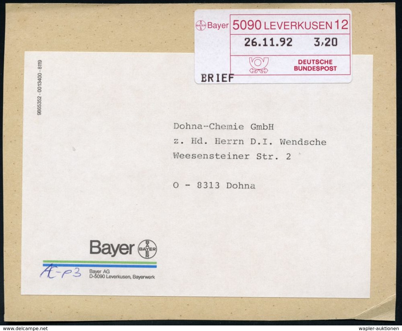I.-G.-FARBEN INDUSTRIE, TOCHTERFIRMEN & NACHFOLGER : 5090 LEVERKUSEN 12/ Bayer/ DEUTSCHE/ BUNDESPOST 1992 (26.11.) Selbs - Chimie