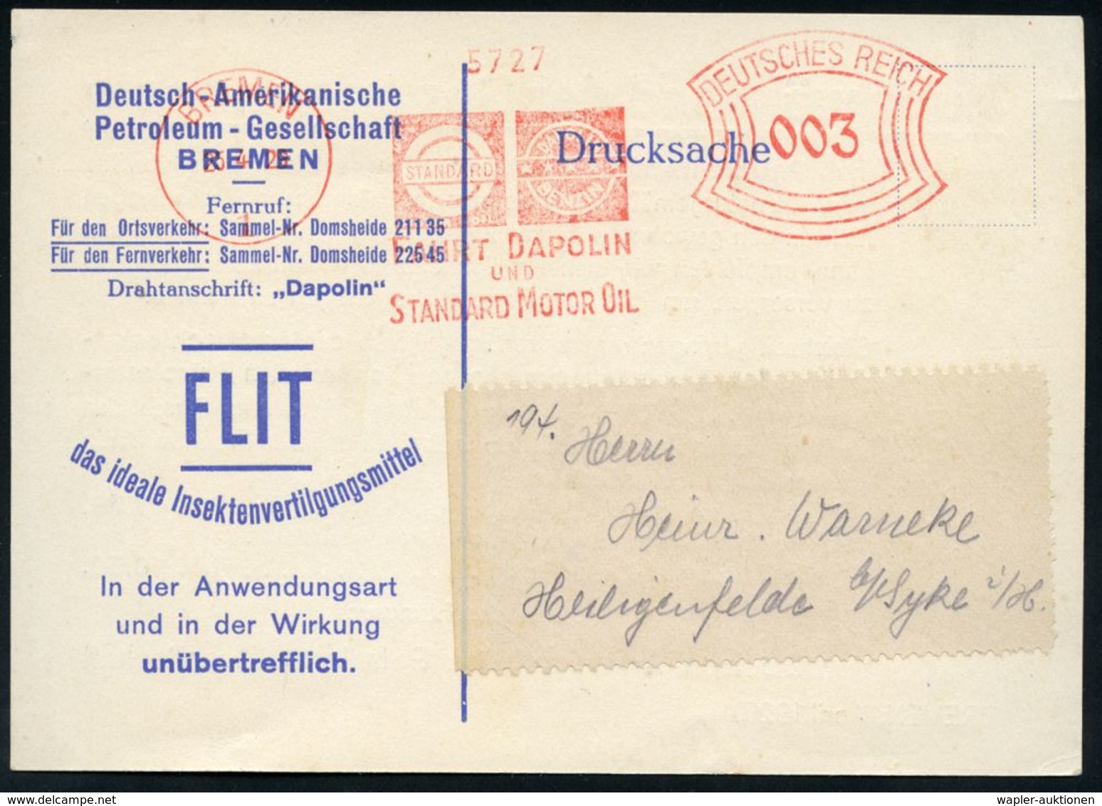 MINERALÖL & KRAFTSTOFFE / TECHNISCHE ÖLE : BREMEN/ 1/ ..FAHRT DAPOLIN/ U./ STANDARD MOTOR OIL 1929 (25.4.) AFS (Logos) R - Chemistry