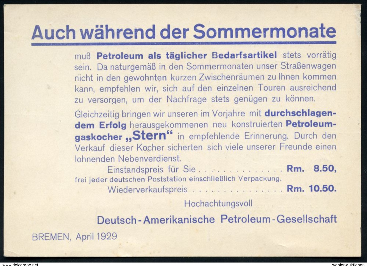 MINERALÖL & KRAFTSTOFFE / TECHNISCHE ÖLE : BREMEN/ 1/ ..FAHRT DAPOLIN/ U./ STANDARD MOTOR OIL 1929 (25.4.) AFS (Logos) R - Chimica