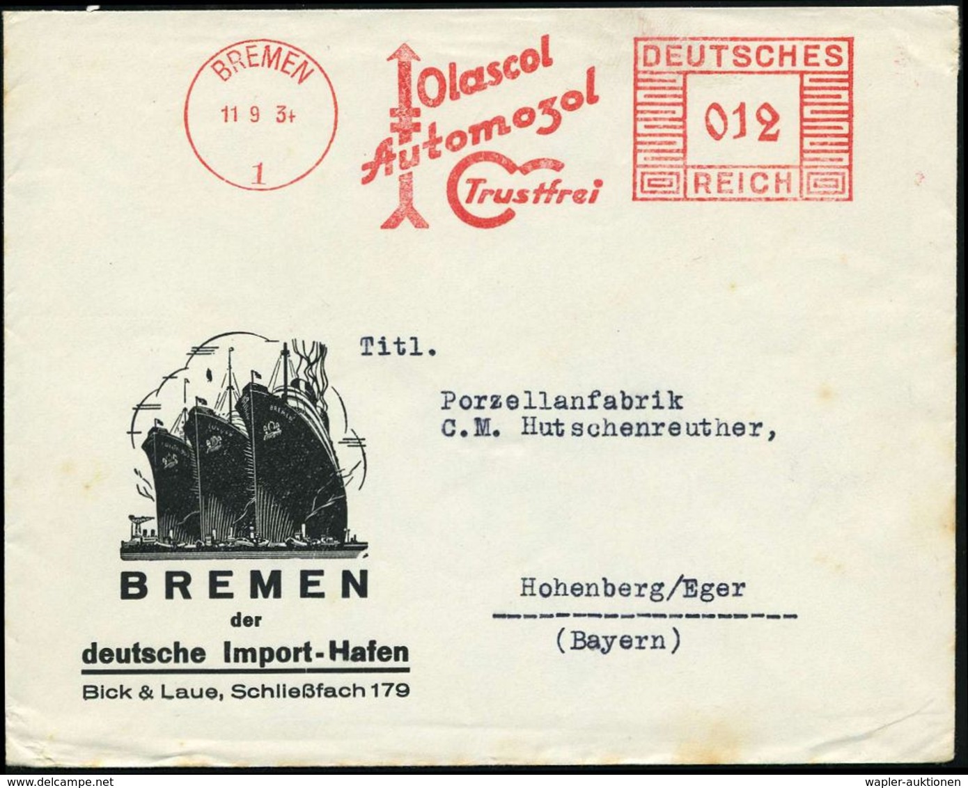 MINERALÖL & KRAFTSTOFFE / TECHNISCHE ÖLE : BREMEN/ 1/ Olascol/ Automozol/ Trustfrei 1934 (11.9.) AFS = Pfeil-Logo , Deko - Chemie