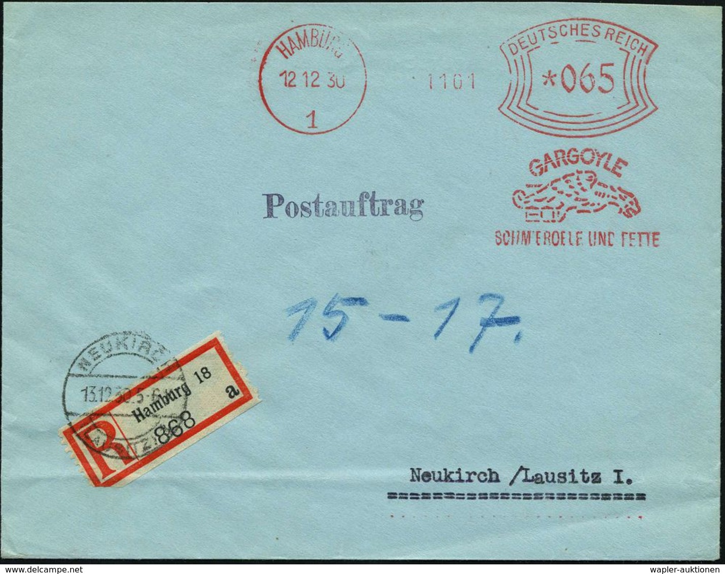 MINERALÖL & KRAFTSTOFFE / TECHNISCHE ÖLE : HAMBURG/ 1/ GARGOYLE/ SCHMIEROELE UND FETTE 1930 (12.12.) Dekorativer AFS 065 - Chimie