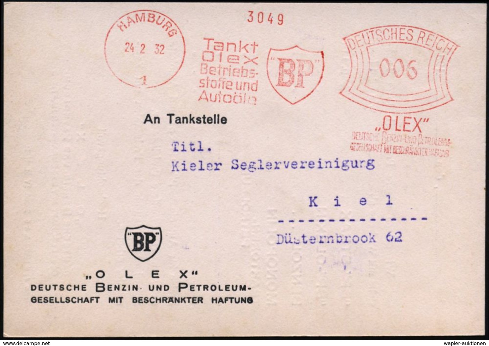 MINERALÖL & KRAFTSTOFFE / TECHNISCHE ÖLE : HAMBURG/ 1/ Tankt/ Olex/ Betriebs-/ Stoffe../ "BP".."OLEX" 1932 (24.2.) AFS = - Chimie
