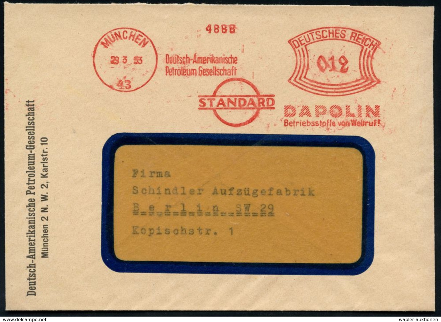 MINERALÖL & KRAFTSTOFFE / TECHNISCHE ÖLE : MÜNCHEN/ 43/ Deutsch-Amerikanische/ Petroleum-Ges./ STANDARD/ DAPOLIN.. 1933  - Chimie