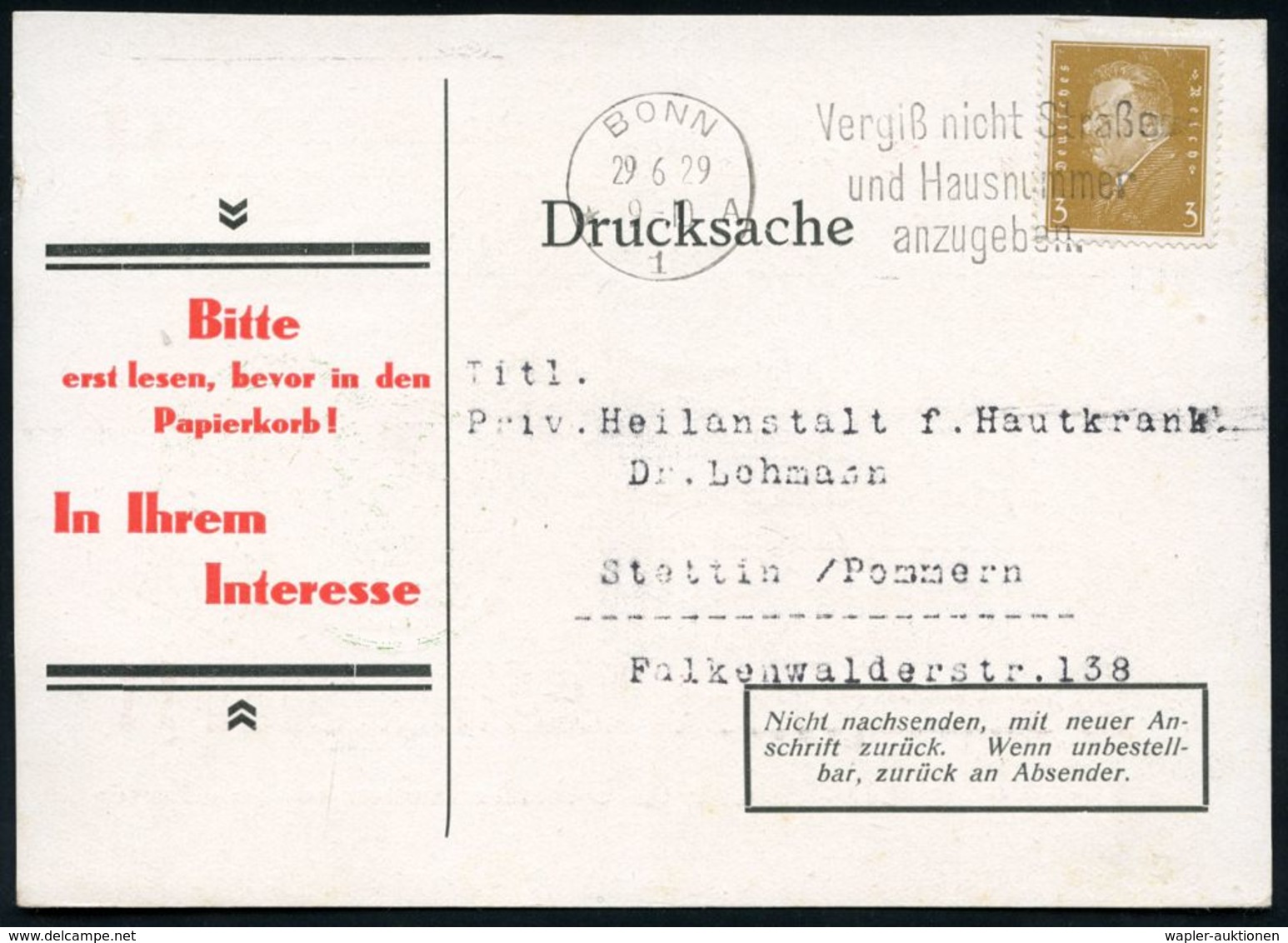 KUNSTSTOFFE & -FASERN / PLASTIK : BONN/ *1A/ Vergiß Nicht Straße/ U.Hausnummer.. 1929 (29.6.) MWSt Auf Zweifarbiger Rekl - Chemistry