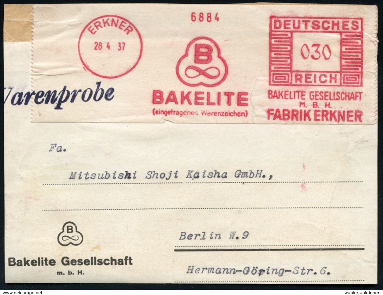 KUNSTSTOFFE & -FASERN / PLASTIK : ERKNER/ ..BAKELITE GESELLSCHAFT/ M.B.H./ FABRIK ERKNER 1937 (28.4.) AFS 030 Pf. (Firme - Chimie