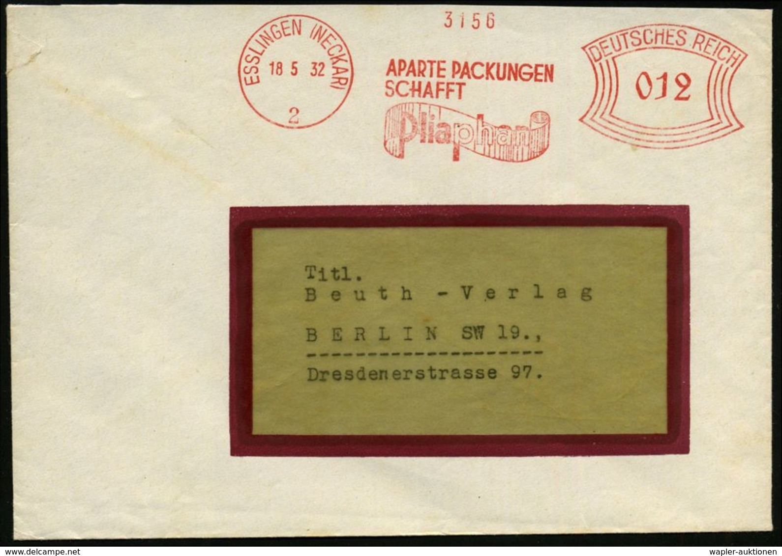 KUNSTSTOFFE & -FASERN / PLASTIK : ESSLINGEN (NECKAR)/ 2/ APARTE PACKUNGEN/ SCHAFFT/ Pliaphan 1932 (18.5.) AFS = Durchsic - Chimie