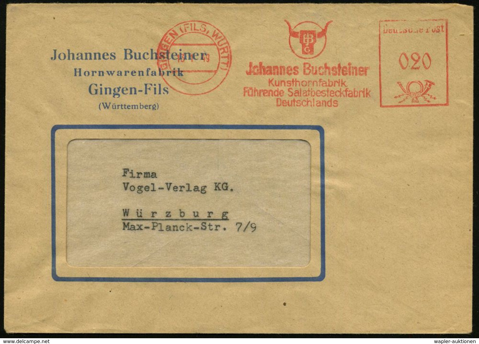 KUNSTSTOFFE & -FASERN / PLASTIK : GINGEN (FILS, WÜRTT)/ Joh.Buchsteiner/ Kunsthornfabrik..Salatbesteckfabrik 1949 (13.1. - Chimie