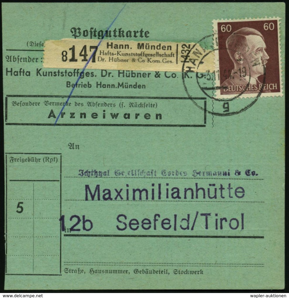 KUNSTSTOFFE & -FASERN / PLASTIK : Hann.Münden/ Hafta-Kunststoffgesellschaft/ Dr. Hübner & Co. Kom. Ges. 1944 (3.11.) Sch - Chimie