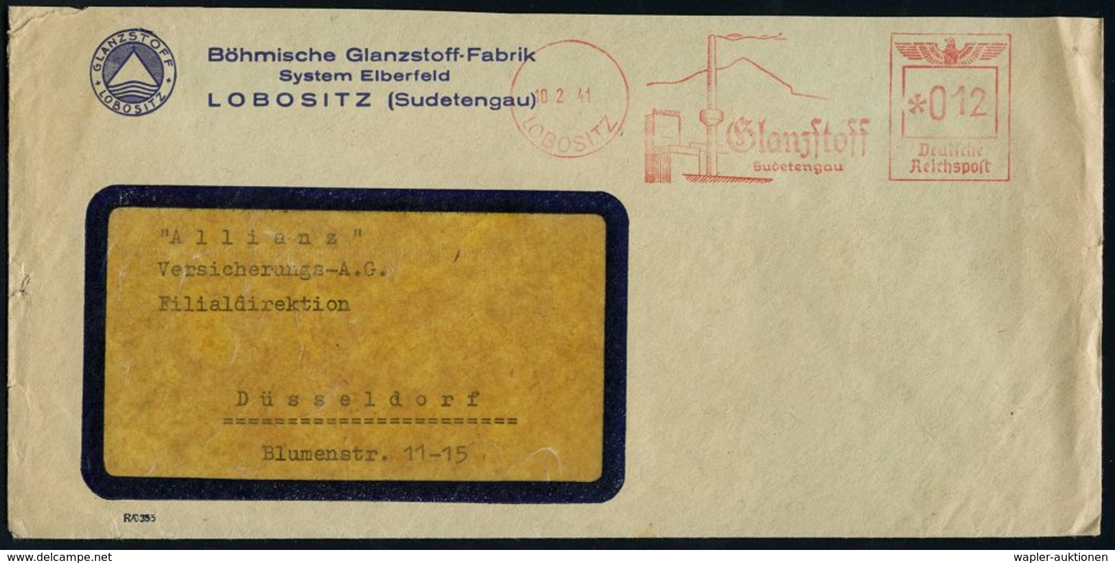 KUNSTSTOFFE & -FASERN / PLASTIK : LOBOSITZ/ Glanzstoff/ Sudetengau 1941 (10.2.) Seltener, Aptierter CSR-AFS Francotyp Mi - Chemistry