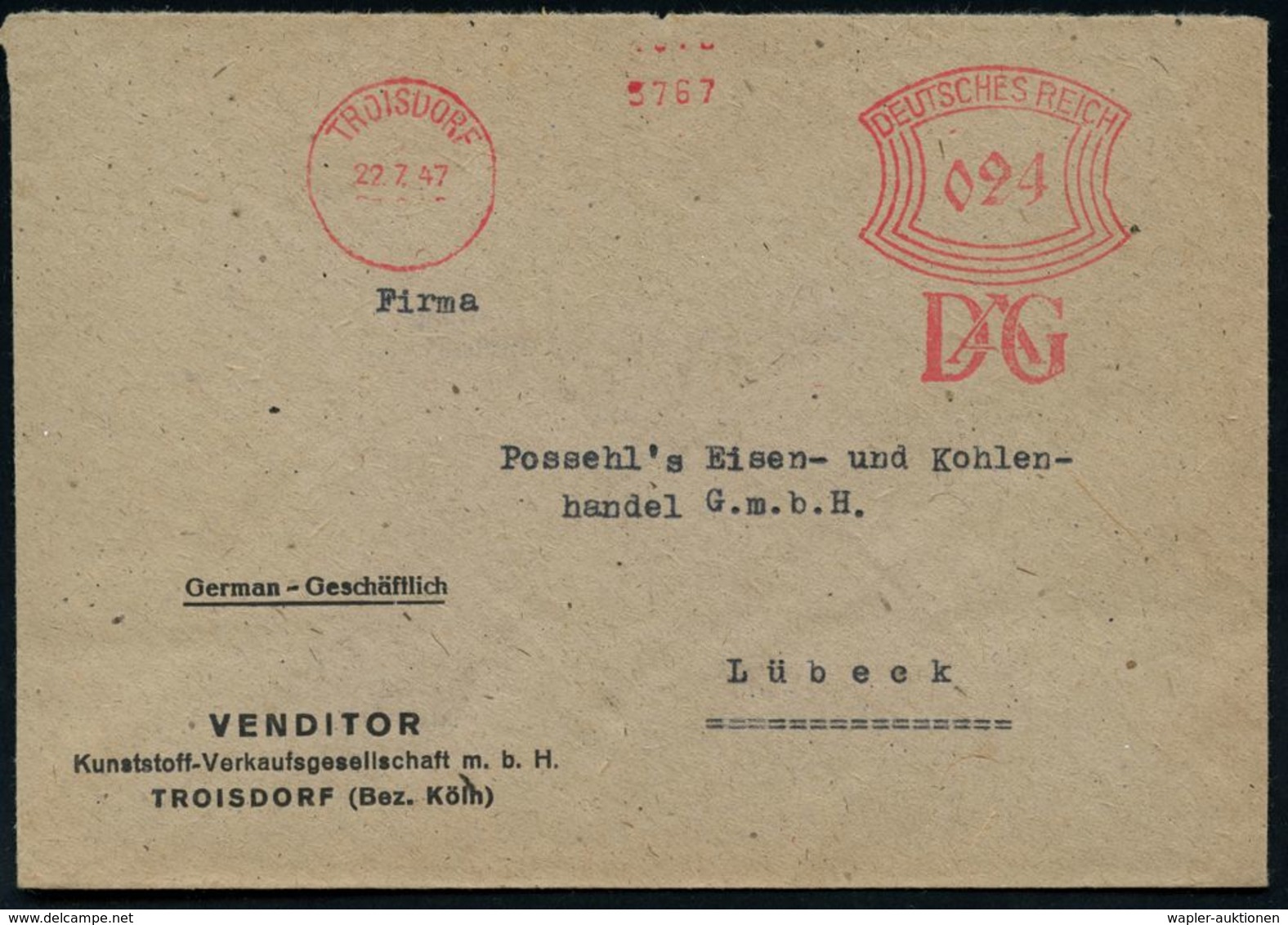 KUNSTSTOFFE & -FASERN / PLASTIK : TROISDORF/ D A G 1947 (22.7.) AFS Francotyp "Bogenrechteck" DEUTSCHES REICH UNVERÄNDER - Chemie