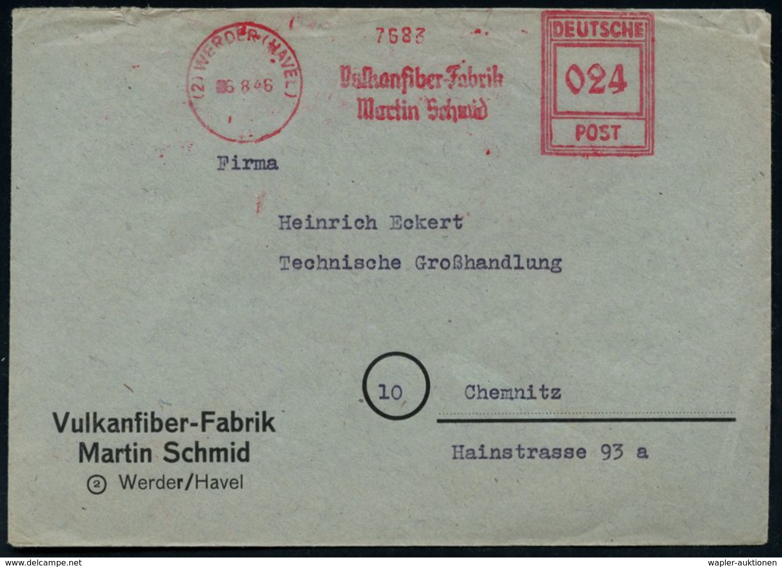 KUNSTSTOFFE & -FASERN / PLASTIK : (2) WERDER (HAVEL)/ Vulkanfiber-Fabrik/ Martin Schmid 1946 (26.8.) Seltener AFS "Hochr - Chimie