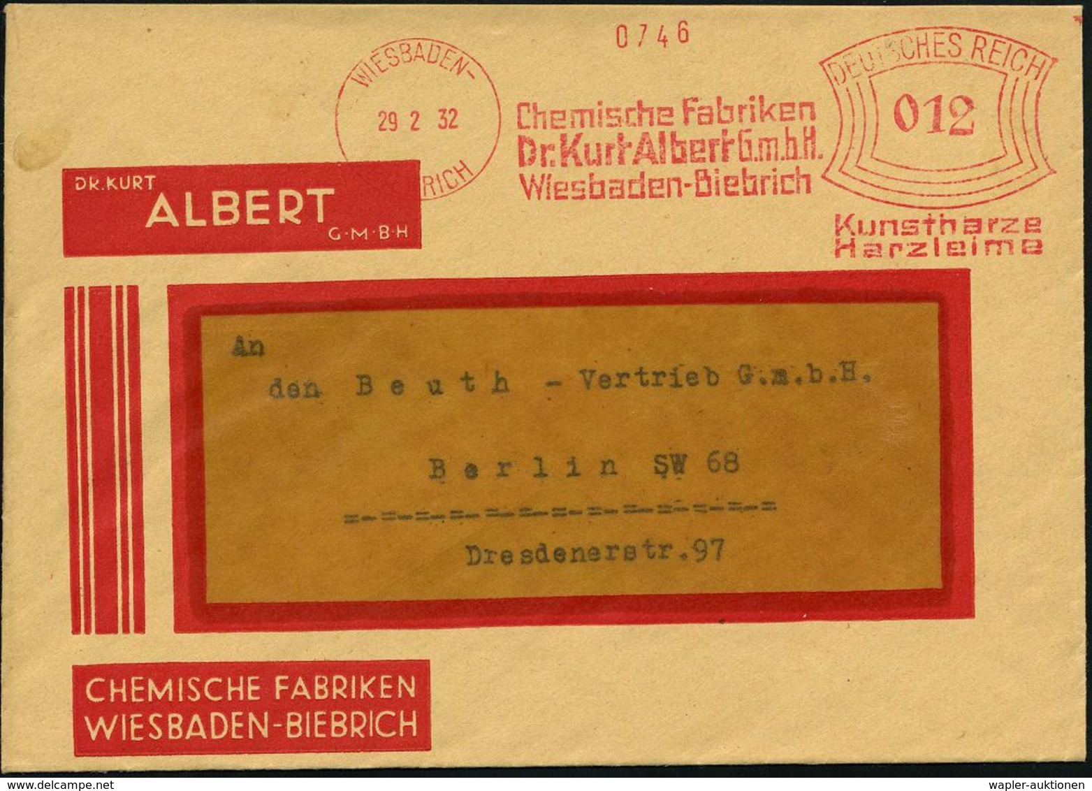 KUNSTSTOFFE & -FASERN / PLASTIK : WIESBADEN-/ BIEBRICH/ Chem.Fabriken/ Dr.Kurt Albert../ Kunzharze/ Harzleime 1932 (29.2 - Chimie