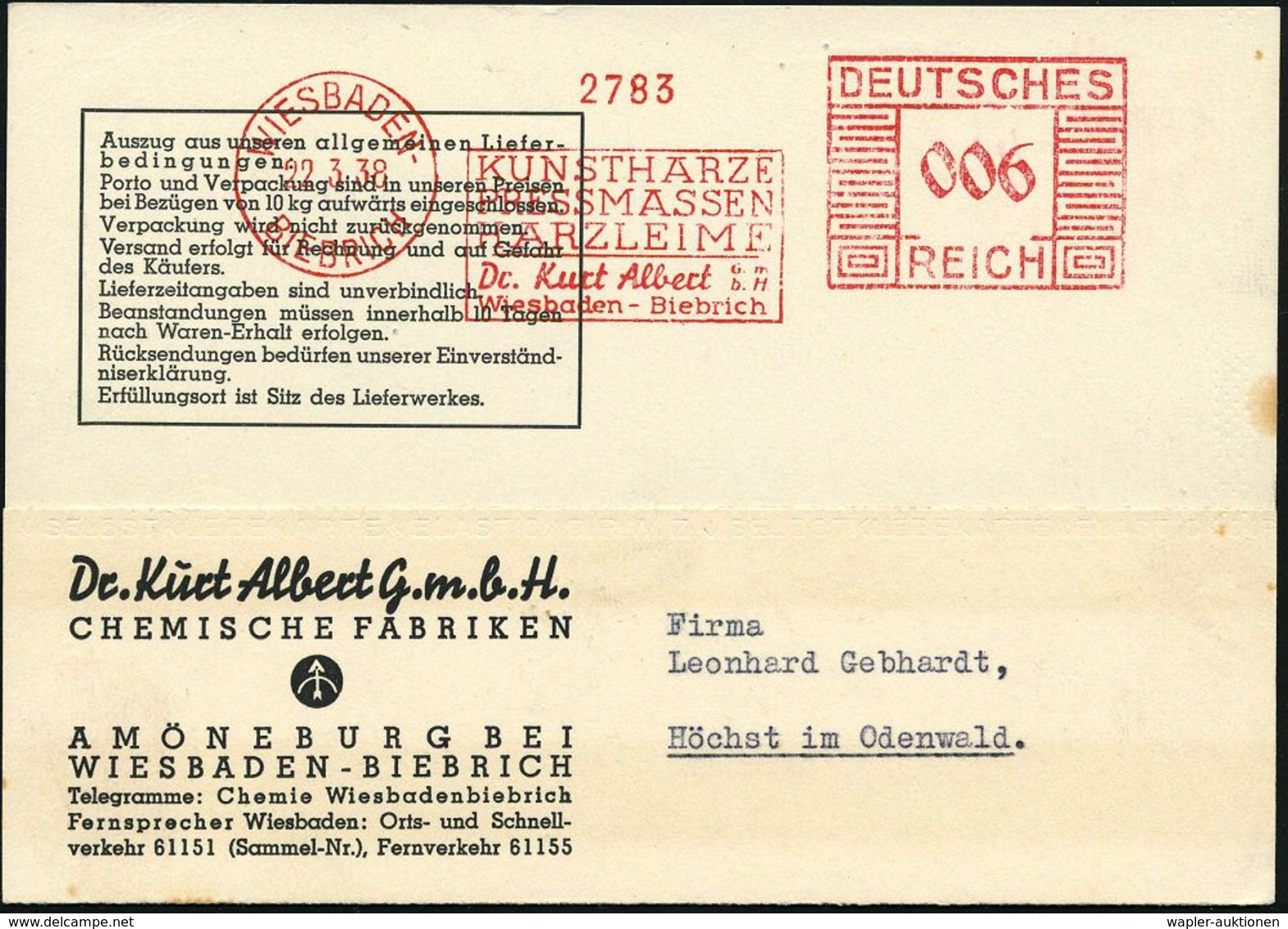 KUNSTSTOFFE & -FASERN / PLASTIK : WIESBADEN-/ BIEBRICH/ KUNSTHARZE/ PRESSMASSEN/ HARZLEIME/ Dr.Kurt Albert.. 1938 (22.3. - Chimica