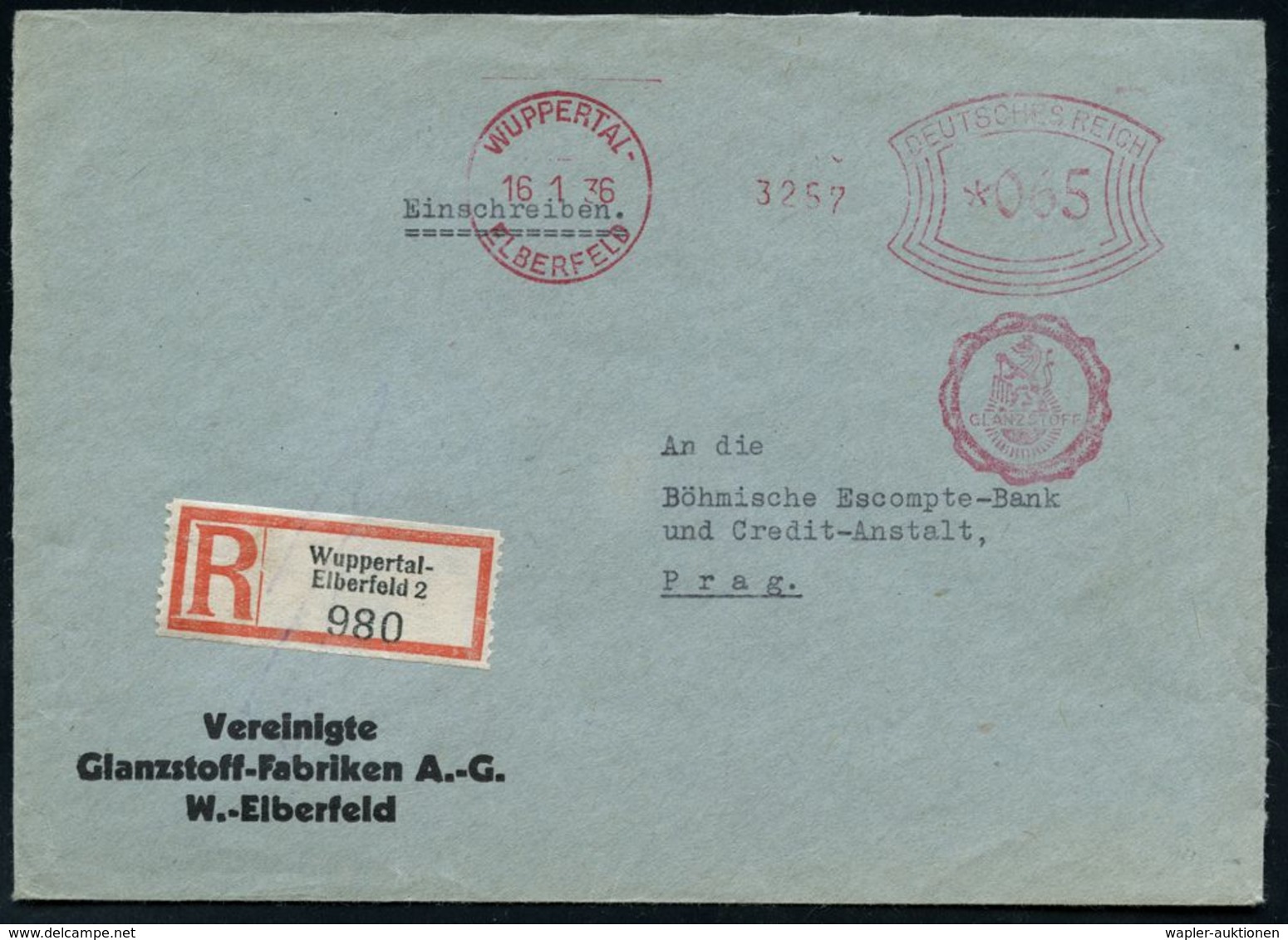 KUNSTSTOFFE & -FASERN / PLASTIK : WUPPERTAL-/ ELBERFELD/ GLANZSTOFF 1936 (16.1.) AFS 065 Pf. (Firmen-Logo) + RZ: Wuppert - Chimica