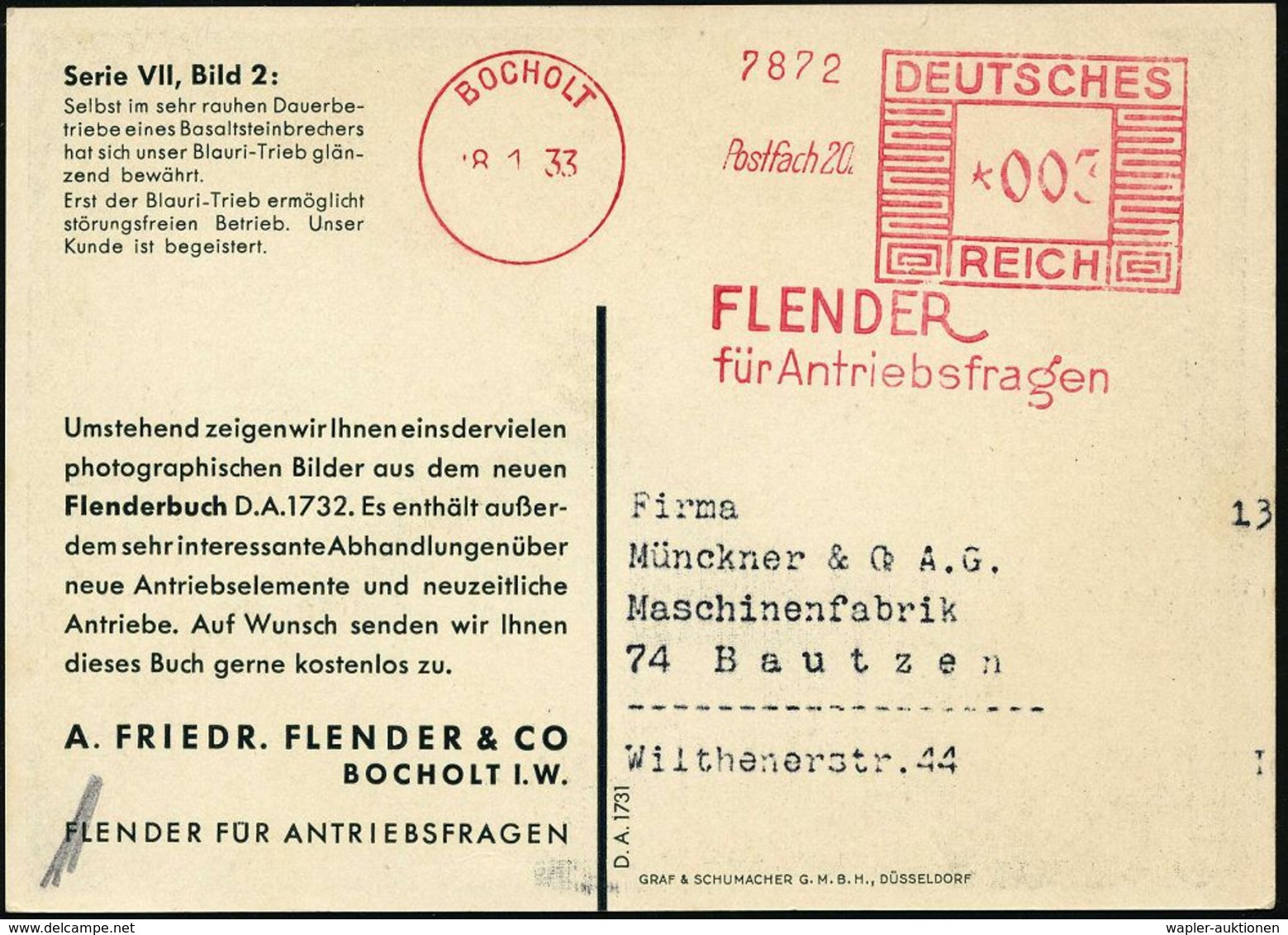 GUMMI / KAUTSCHUK : BOCHOLT/ ..FLENDER/ Für Antriebsfragen 1933 (8.1.) AFS Auf Reklame-Ak.: Antriebsriemen Eines Basalts - Chemistry