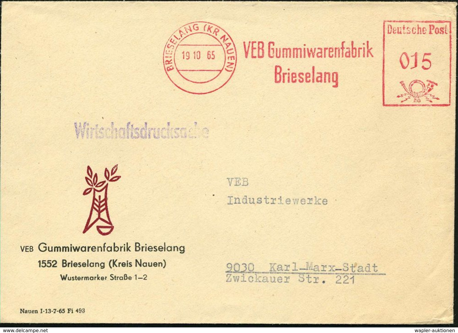GUMMI / KAUTSCHUK : BRIESELANG (KR NAUEN)/ VEB Gummiwarenfabrik 1965 (19.10.) AFS Klar Auf Firmen-Bf.: VEB Gummiwarenfab - Chimie
