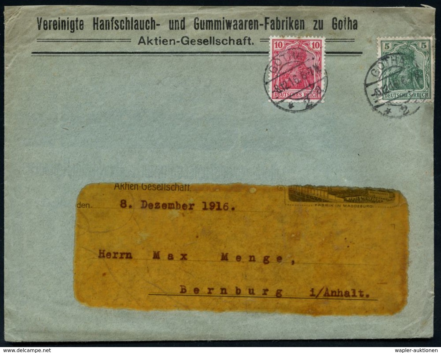 GUMMI / KAUTSCHUK : GOTHA/ *2a 1916 (8.12.) 1K-Brücke Auf Firmen-Bf.: Vereinigte Hanfschlauch- U. Gummiwaaren-Fabrik Zu  - Chimie