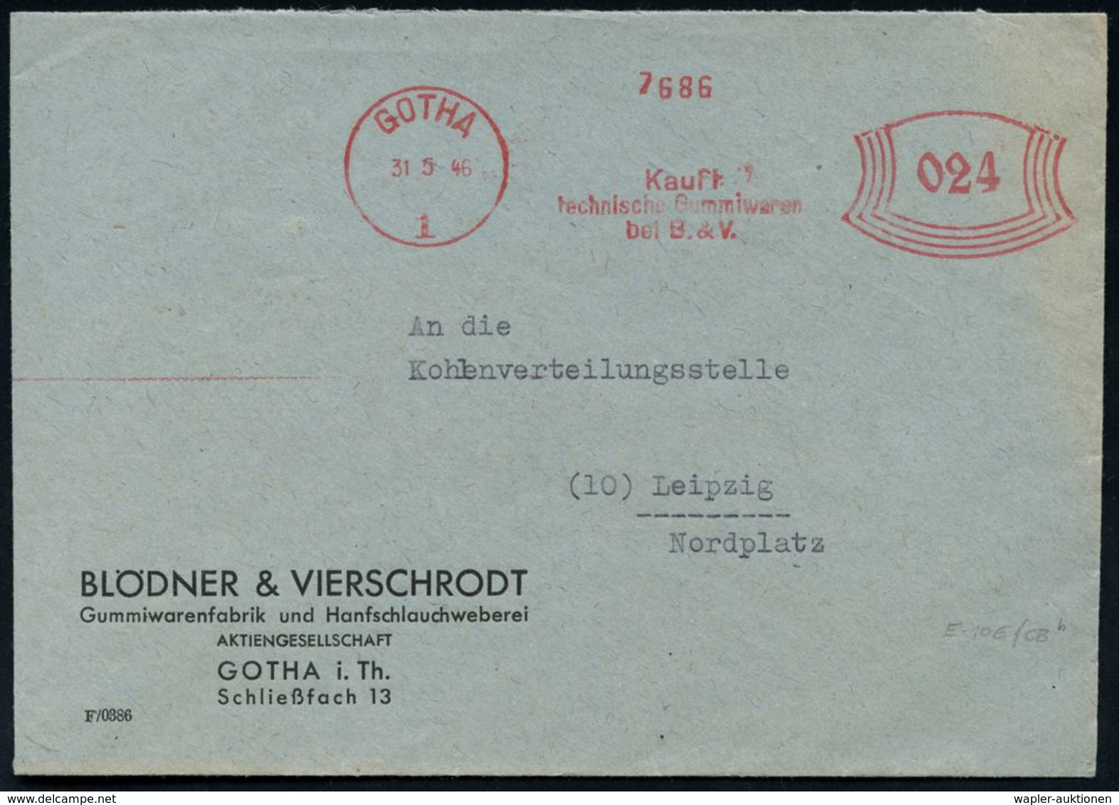 GUMMI / KAUTSCHUK : GOTHA/ 1/ Kauft/ Technische Gummiwaren/ Bei B & V 1946 (31.5.) Seltener, Aptierter AFS "Bogenrechtec - Chimie