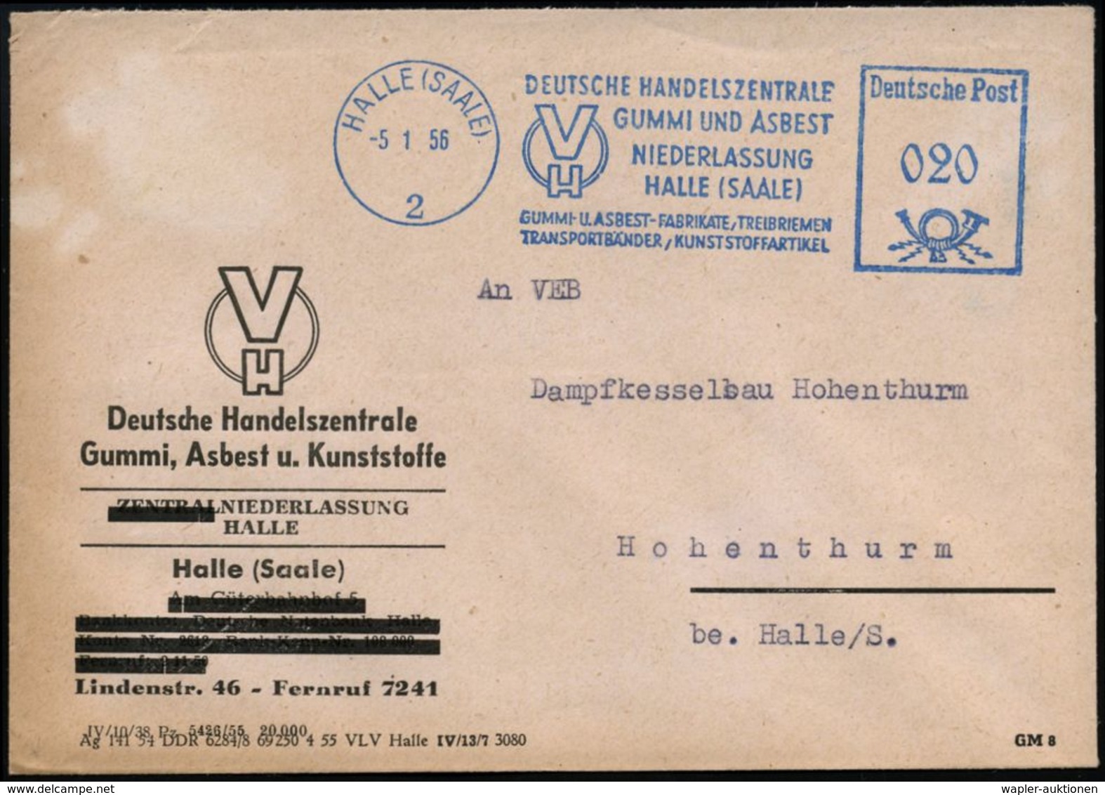 GUMMI / KAUTSCHUK : HALLE (SAALE)/ 2/ DT.HANDELSZENTRALE/ GUMMI U.ASBEST/ ..TREIBRIEMEN/ TRANSPORTBÄNDER.. 1956 (5.1.) B - Chimie