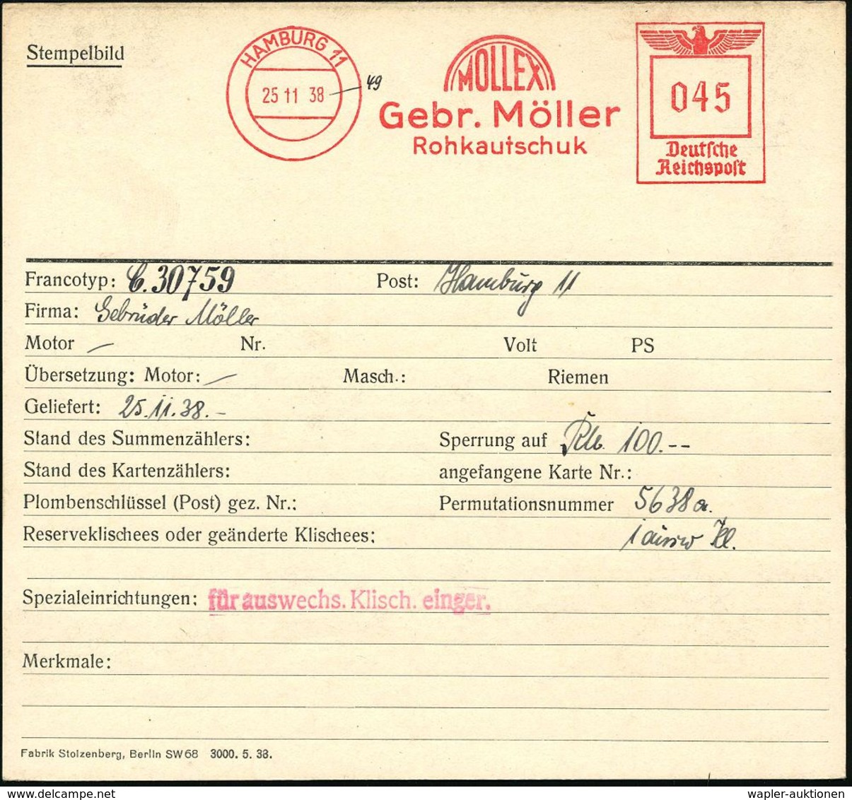 GUMMI / KAUTSCHUK : HAMBURG 11/ MOLLEX/ Gebr.Möller/ Rohkautschuk 1938 (25.11.) AFS 045 Pf., Archivmuster "Reichsadler"  - Chemie