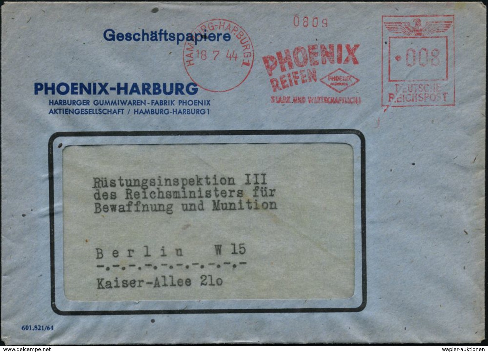GUMMI / KAUTSCHUK : HAMBURG-HARBURG 1/ PHOENIX/ REIFEN../ STARK U.WIRTSCHAFTLICH 1944 (18.7.) Seltener AFS-Typ "Reichsad - Chemie