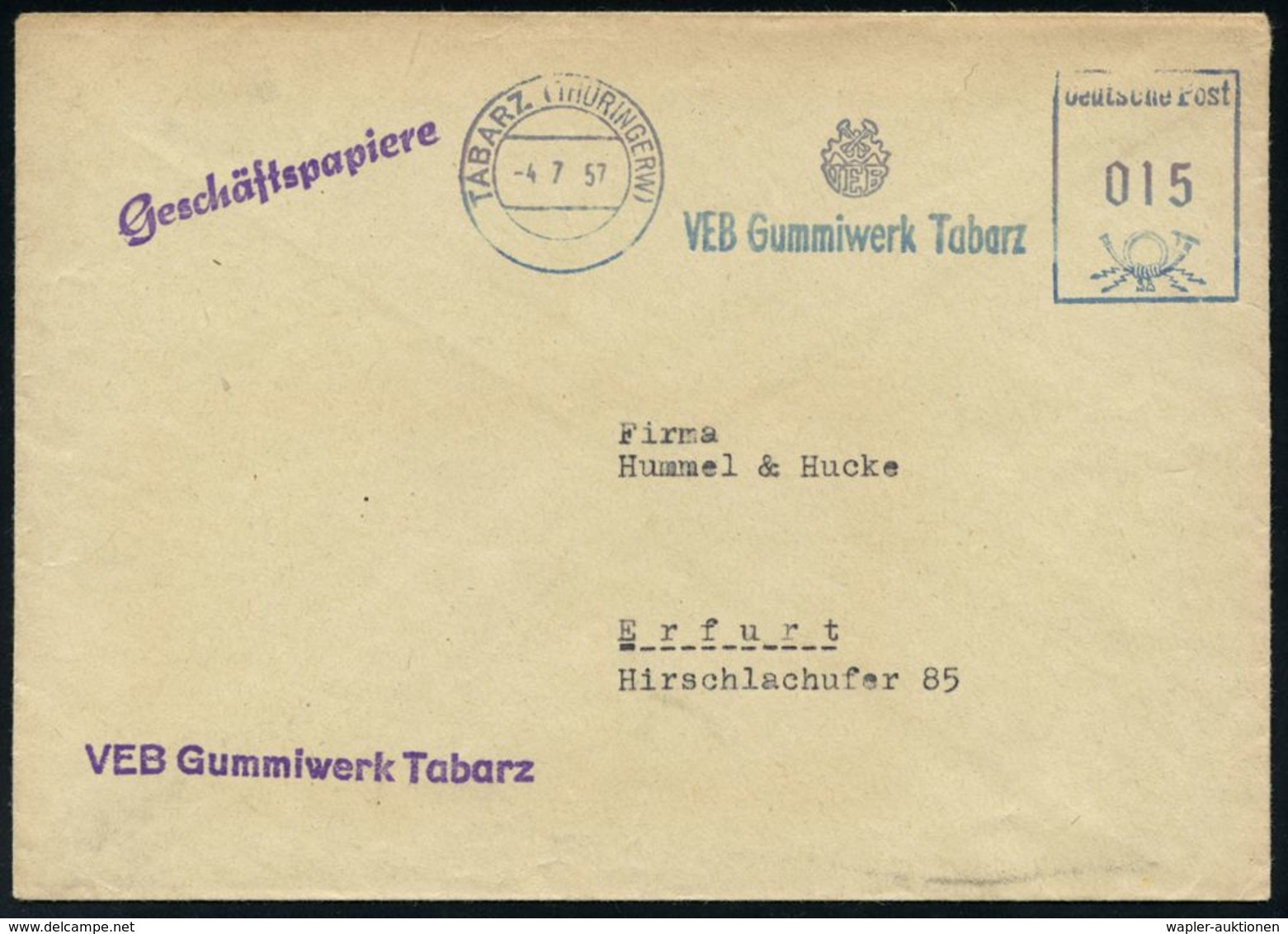 GUMMI / KAUTSCHUK : TABARZ (THÜRINGERW)/ VEB Gummiwerk Tabarz 1957 (4.7.) Blauer AFS = DDR-Dienstfarbe (Monogr.-Logo) +  - Chimica