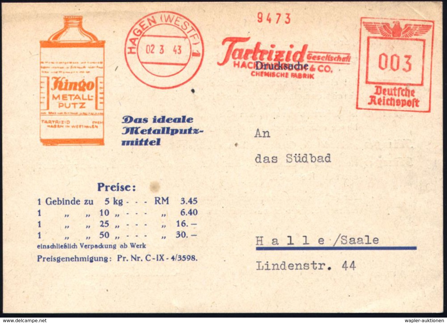 HAUSHALTS-CHEMIE : HAGEN (WESTF)1/ Tartrizid Ges./ HACKENBRUCH & CO/ CHEMISCHE FABRIK 1943 (2.3.) AFS Klar Auf Dekorativ - Chimie