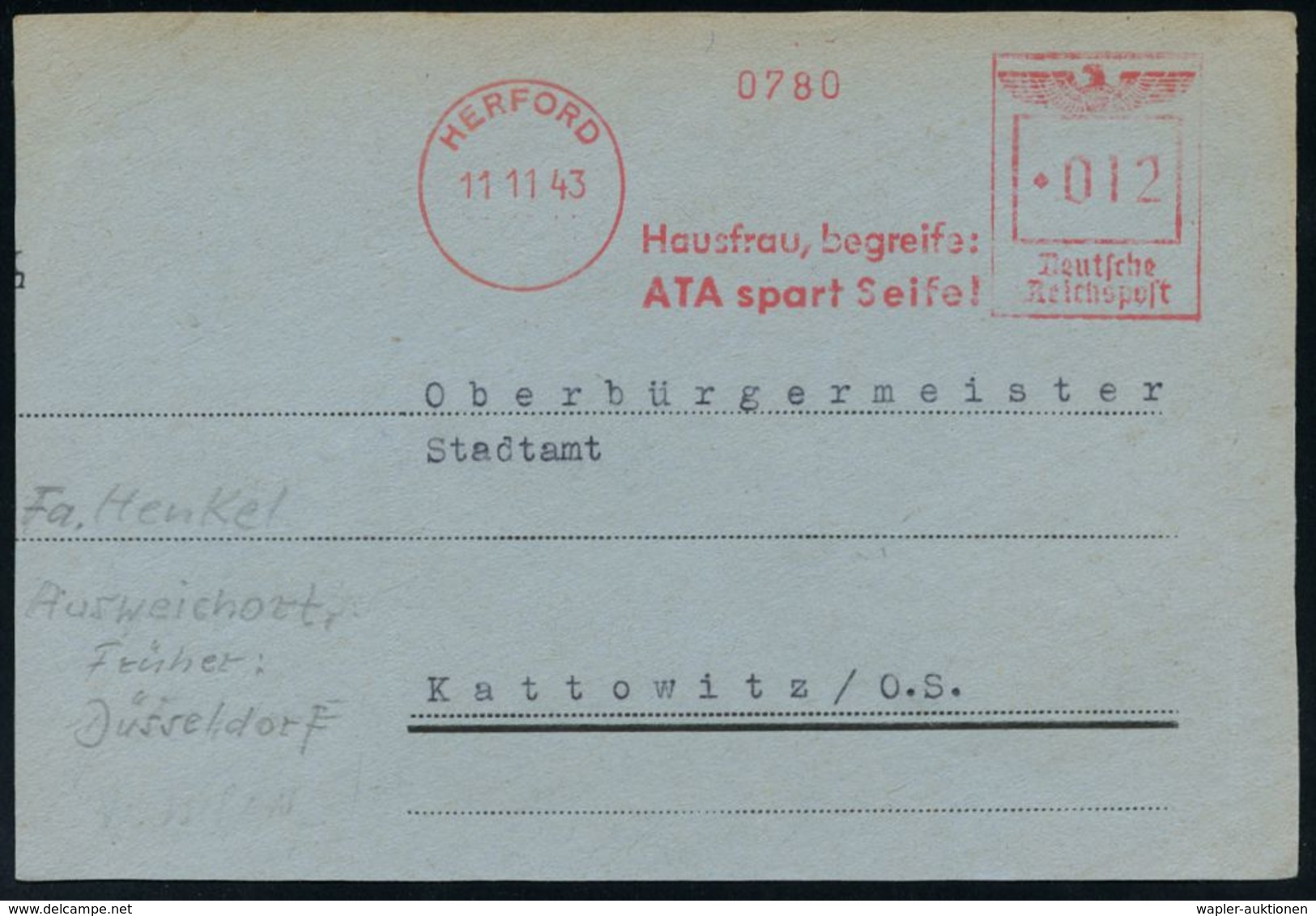 HAUSHALTS-CHEMIE : HERFORD/ Hausfrau,begreife:/ ATA Spart Seife! 1943 (11.11.) Seltener AFS, Herford Ausweichquartier U. - Chemie