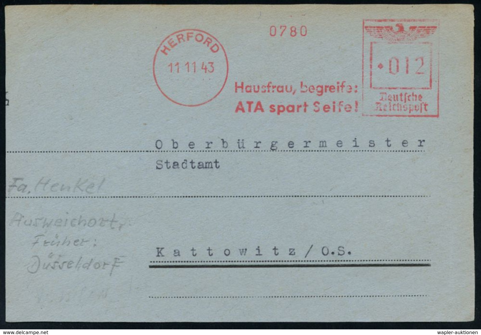 HAUSHALTS-CHEMIE : HERFORD/ Hausfrau,begreife:/ ATA Spart Seife! 1943 (11.11.) Seltener AFS, Herford Ausweichquartier U. - Chimie