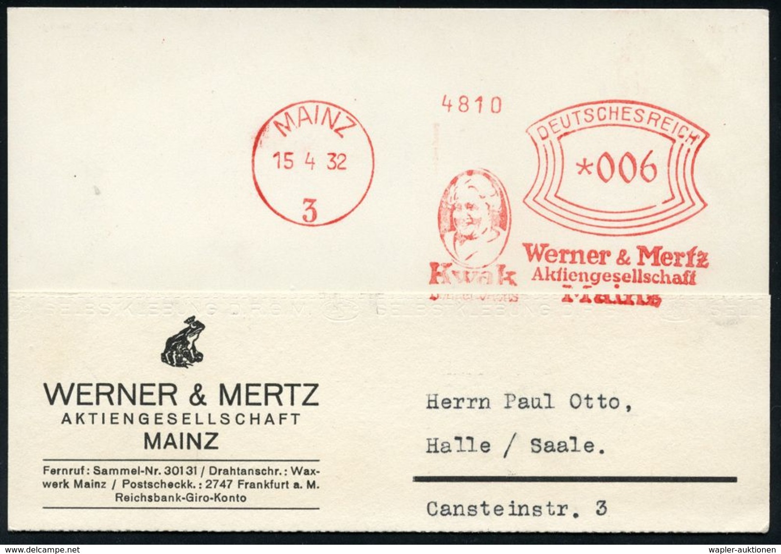 HAUSHALTS-CHEMIE : MAINZ/ 3/ Werner & Mertz/ AG/ Kwak/ BOHNERWACHS 1932 (15.4.) AFS (Frauenkopf) Auf Dekorativer Firmen- - Chemistry