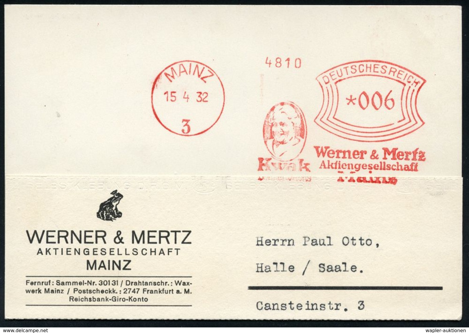 HAUSHALTS-CHEMIE : MAINZ/ 3/ Werner & Mertz/ AG/ Kwak/ BOHNERWACHS 1932 (15.4.) AFS (Frauenkopf) Auf Dekorativer Firmen- - Chimie