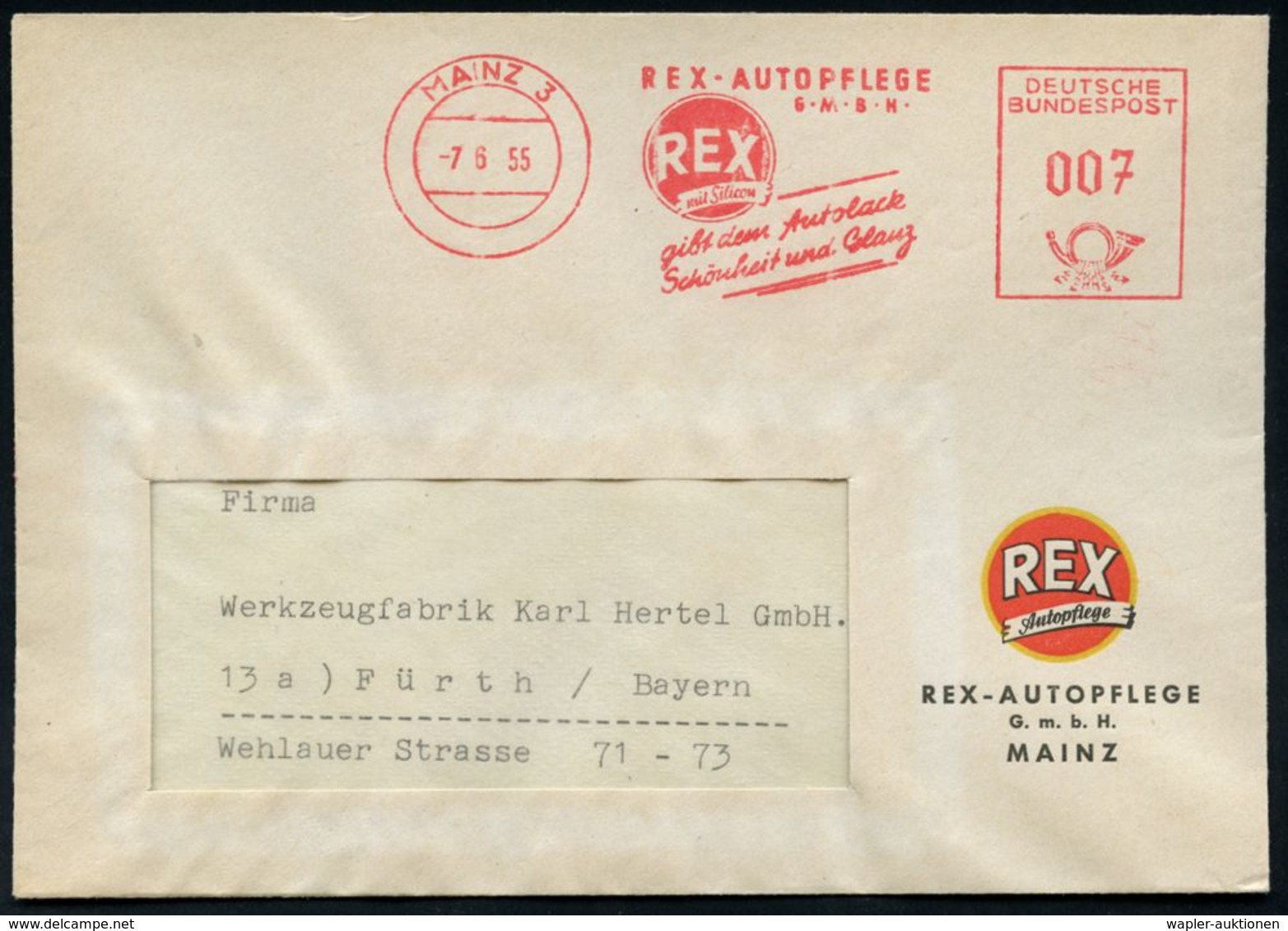 HAUSHALTS-CHEMIE : MAINZ 3/ REX-AUTOPFLEGE../ REX/ Mit Silicon.. 1955 (7.6.) AFS (Logo) Motivgl., Zweifarbiger Firmenbf. - Chimie