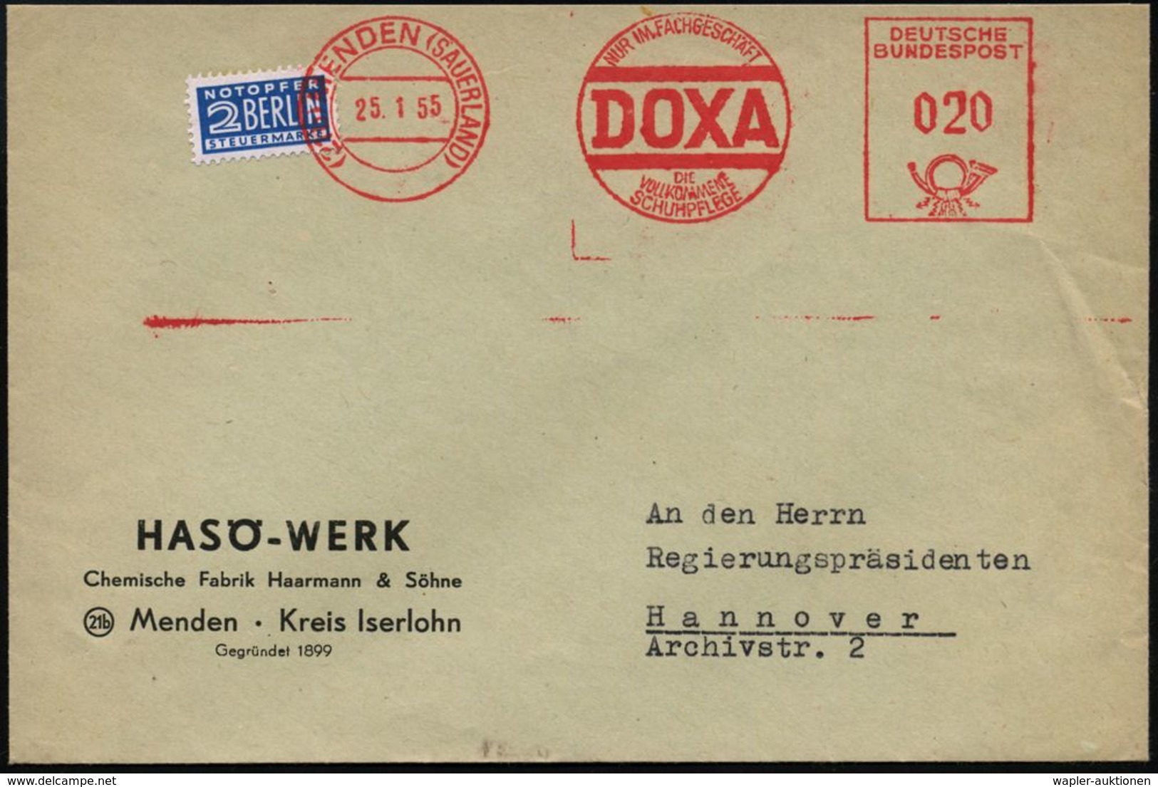 HAUSHALTS-CHEMIE : (21b) MENDEN (SAUERLAND)/ ..DOXA/ ..SCHUHPFLEGE 1955 (25.1) AFS Auf 2 Pf.NoB = VE , Klar Gest. Firmen - Chemie