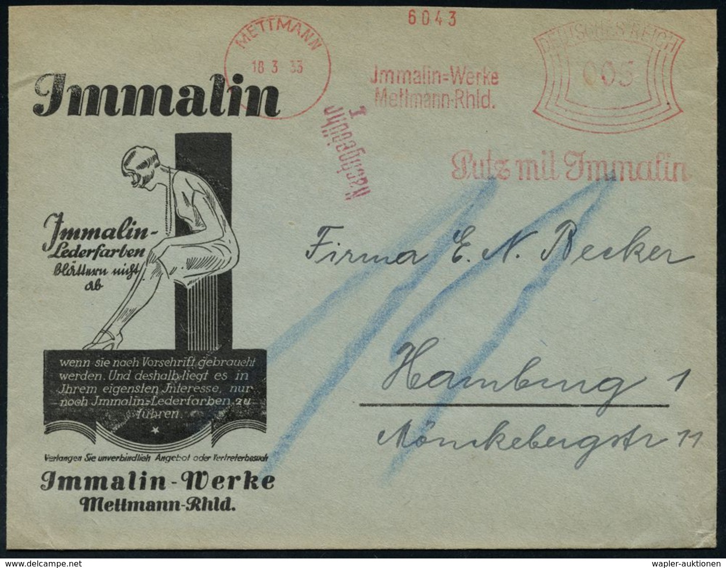 HAUSHALTS-CHEMIE : Mettmann/ Jmmalin-Werke../ Putz Mit Jmmalin 1933 (18.3.) AFS 003 Pf. + Roter 2L: Nachgebühr/I ("11" P - Chemistry