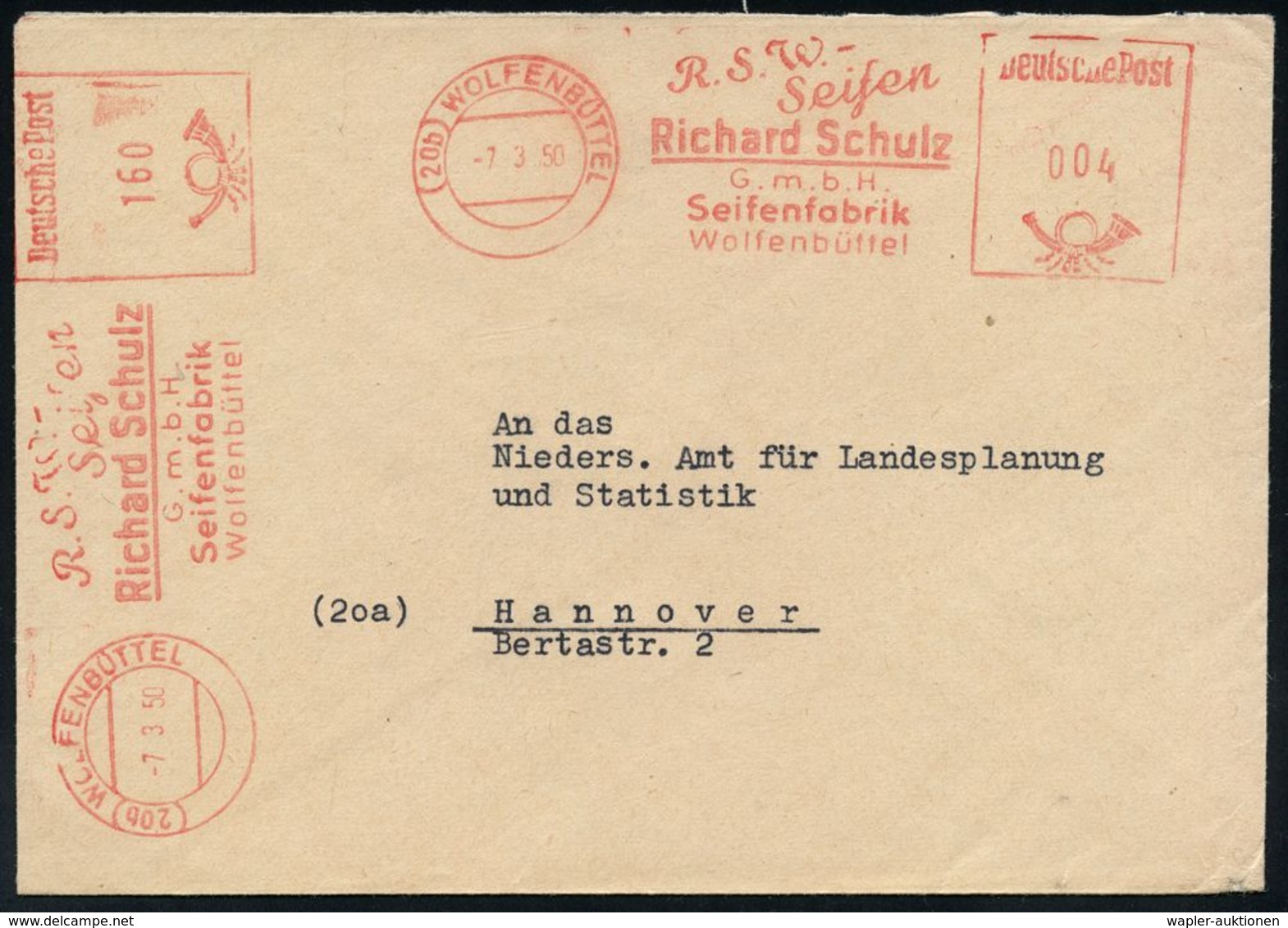 HAUSHALTS-CHEMIE : (20b) WOLFENBÜTTEL/ R.S.W.-/ Seifen/ Richard Schulz/ GmbH/ Seifenfabrik.. 1950 (7.9.) AFS 004 Pf. + 1 - Chimie