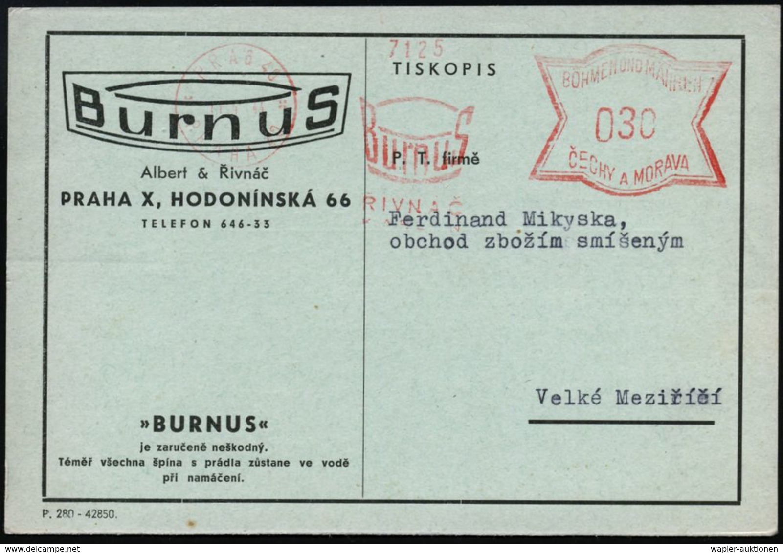 HAUSHALTS-CHEMIE : BÖHMEN & MÄHREN 1944 (11.3.) AFS: PRAG 40/PRAHA 40/BURNUS.. = Chemie-Firma (Logo In Form Eines Waschz - Chimie