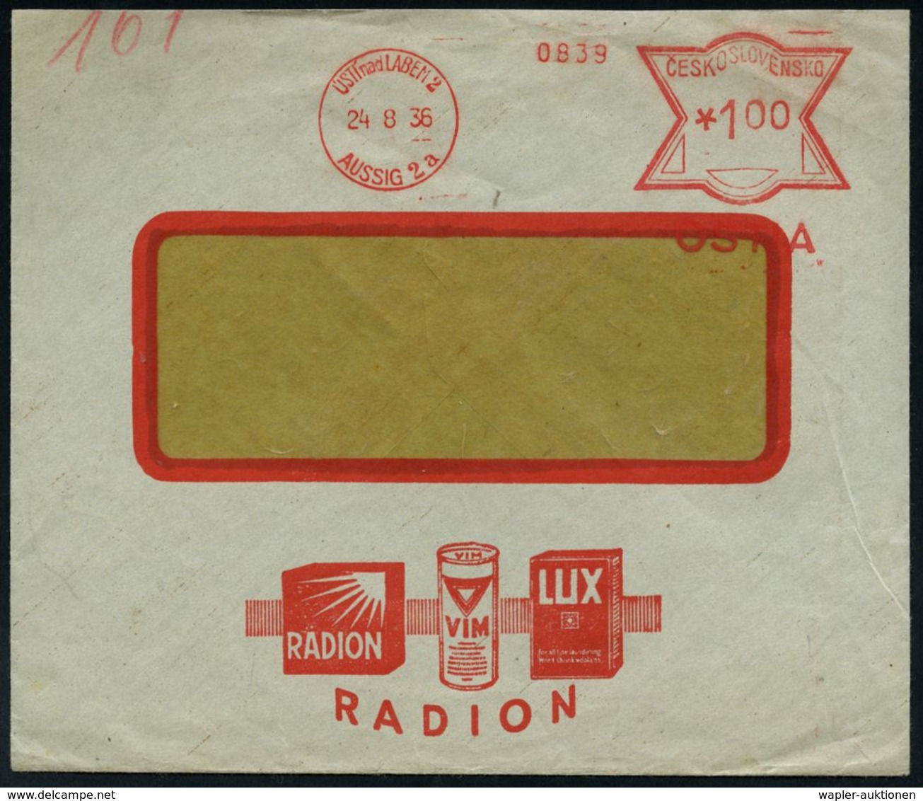 HAUSHALTS-CHEMIE : TSCHECHOSLOWAKEI 1936 (24.8.) AFS: USTI Nad LABEM 2/ AUSSIG 2 A/OSTA Auf Reklame-Bf.: RADION VIM LUX  - Chimie