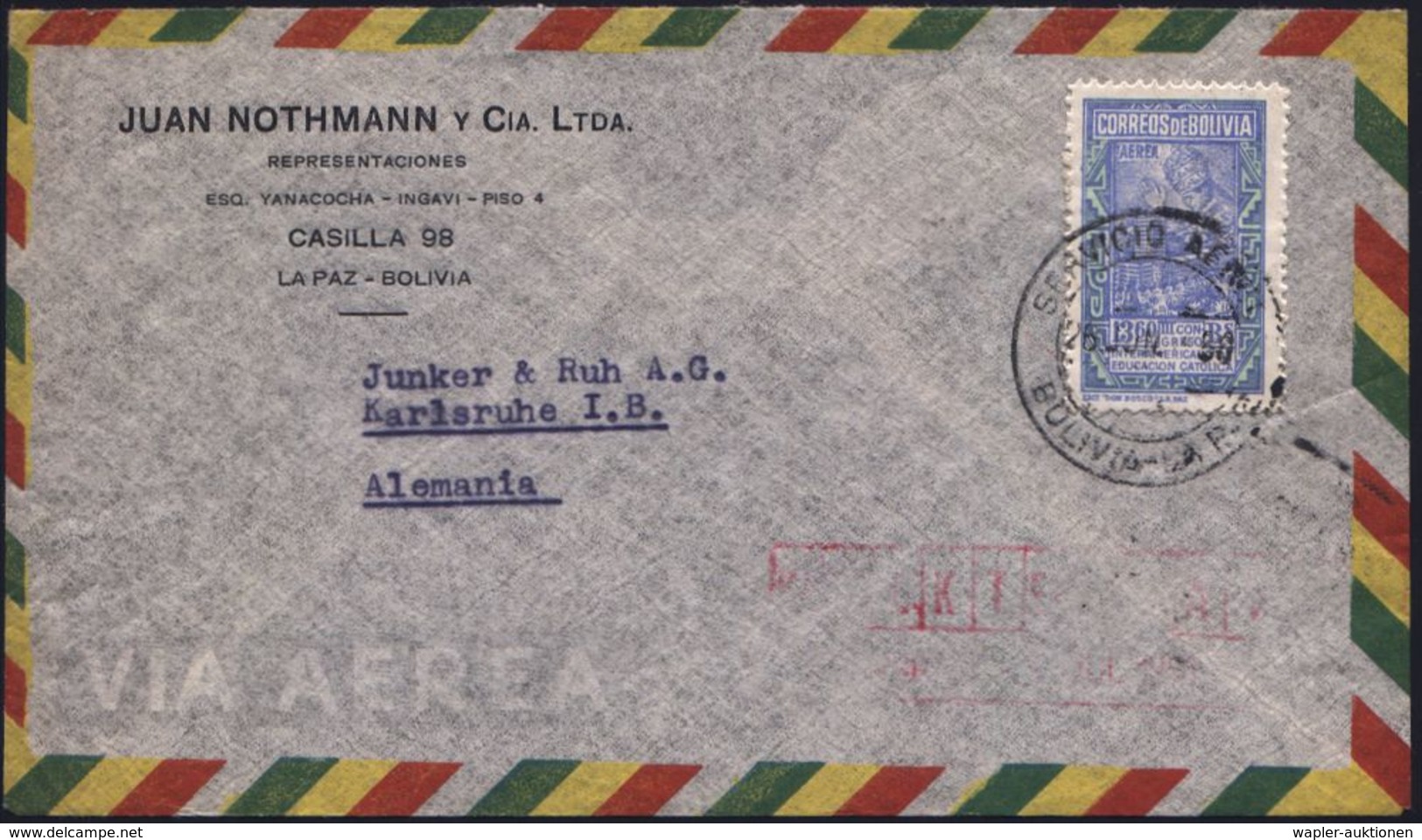 ALLGEM. CHRISTLICHE THEMATIK & CHRISTLICHE GLAUBENRICHTUNGEN : BOLIVIEN 1950 (26.6.) 13,60 B. "Panamerikan. Kongreß Für  - Christentum