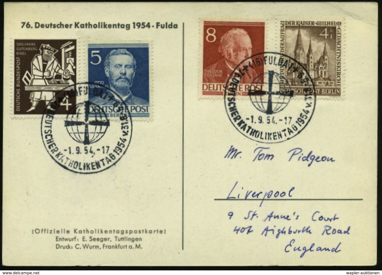 KIRCHENTAGE & KIRCHENKONGRESSE : (16) FULDA 1/ 76.DEUTSCHER KATHOLIKENTAG 1954 (1.9.) SSt = Kreuz Vor Globus , 2x Auf Of - Christentum