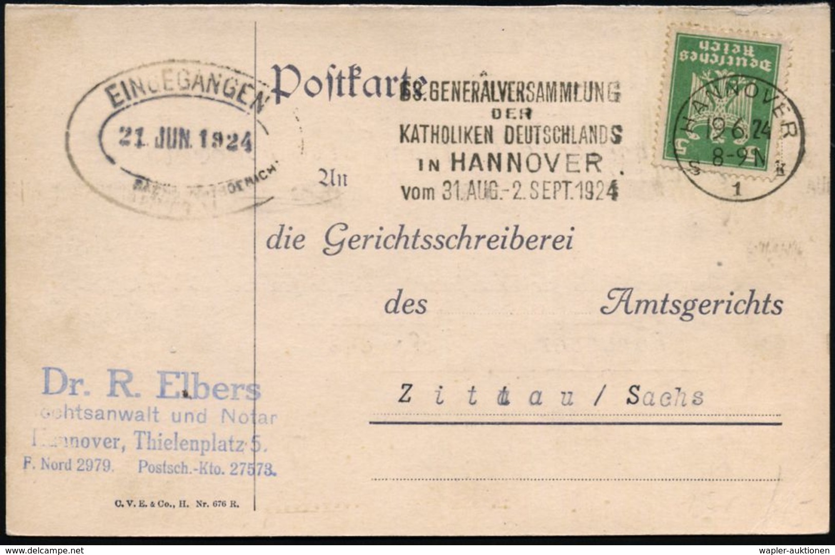 KIRCHENTAGE & KIRCHENKONGRESSE : HANNOVER/ S1r/ 63.GENERALVERS./ DER/ KATHOLIKEN DEUTSCHLANDS/ IN HANNOVER.. 1924 (Juli) - Christianity